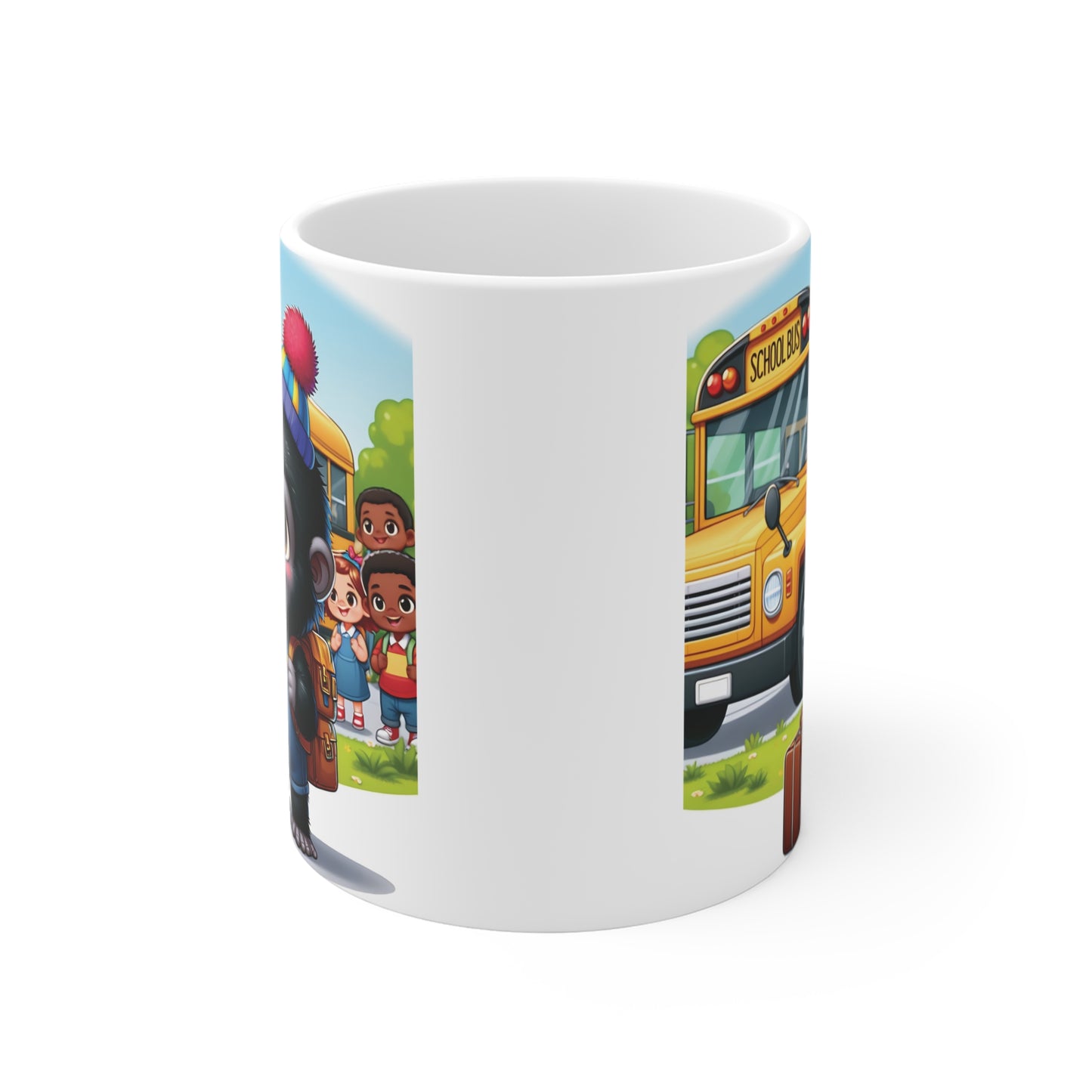 Cute school-themed coffee mug showing a smiling cartoon gorilla student with a backpack and lunch bag in front of a school bus, perfect for teachers and students.