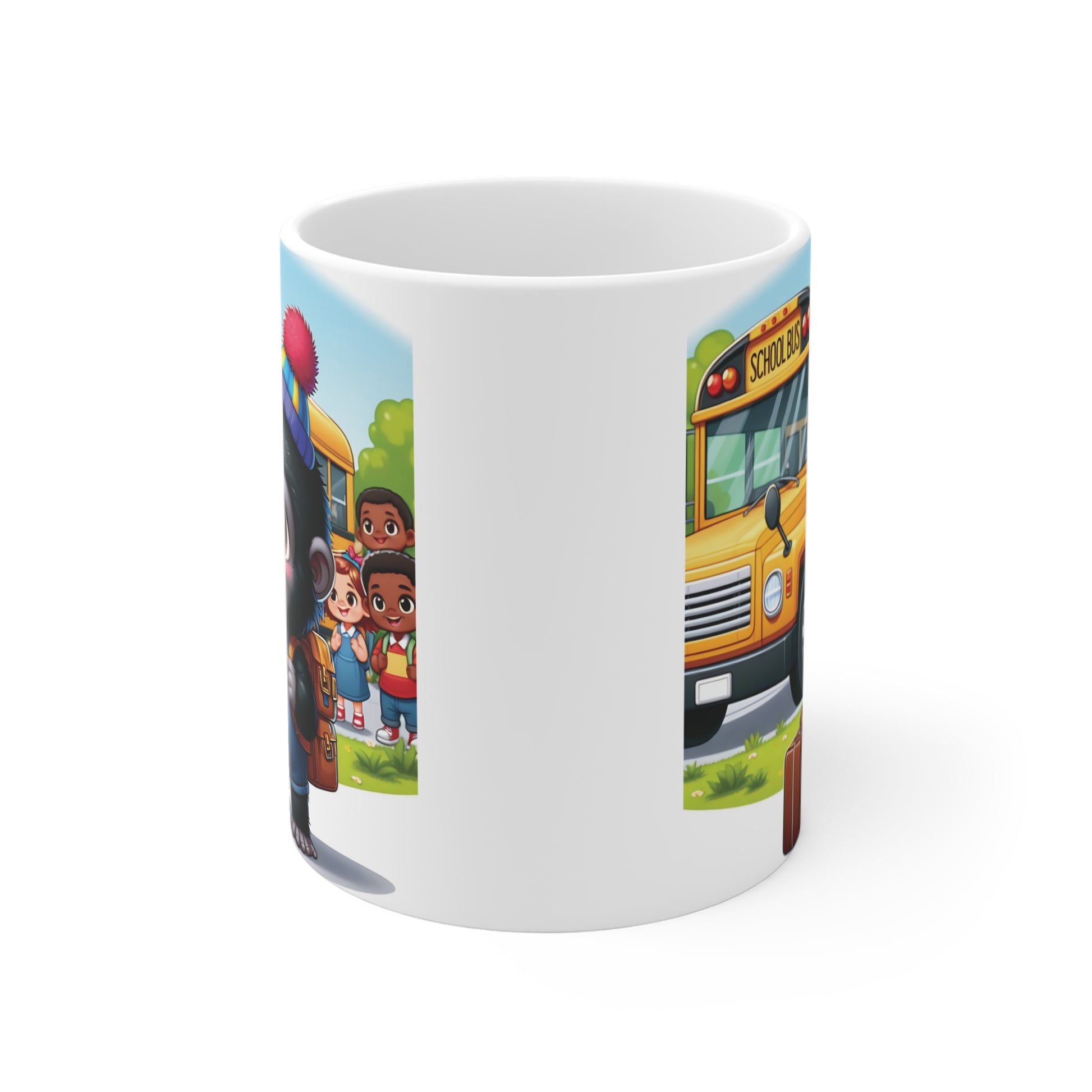 Cute school-themed coffee mug showing a smiling cartoon gorilla student with a backpack and lunch bag in front of a school bus, perfect for teachers and students.