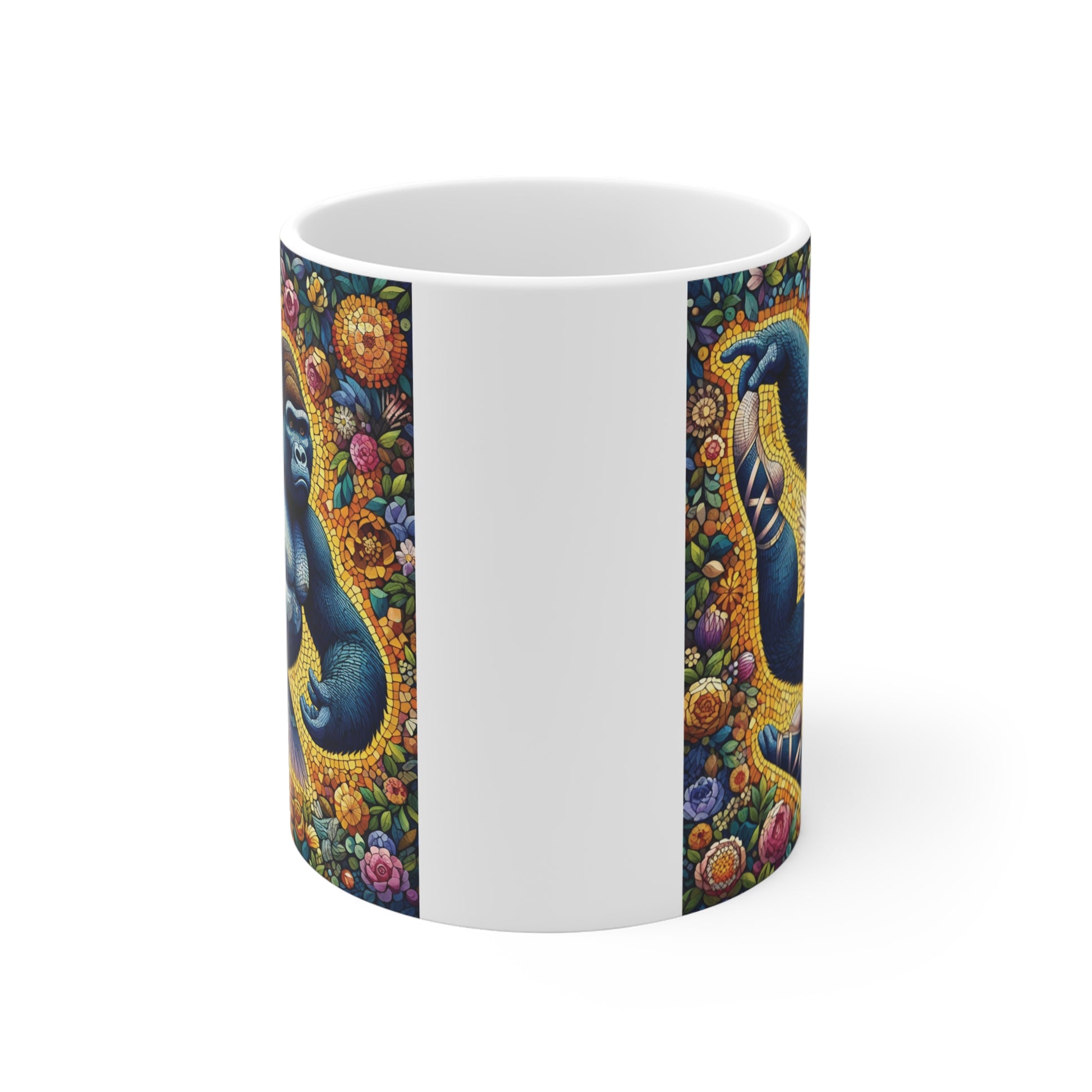 Colorful mosaic gorilla ballet ceramic mug featuring flowers and tutu design, artistic wildlife coffee mug gift