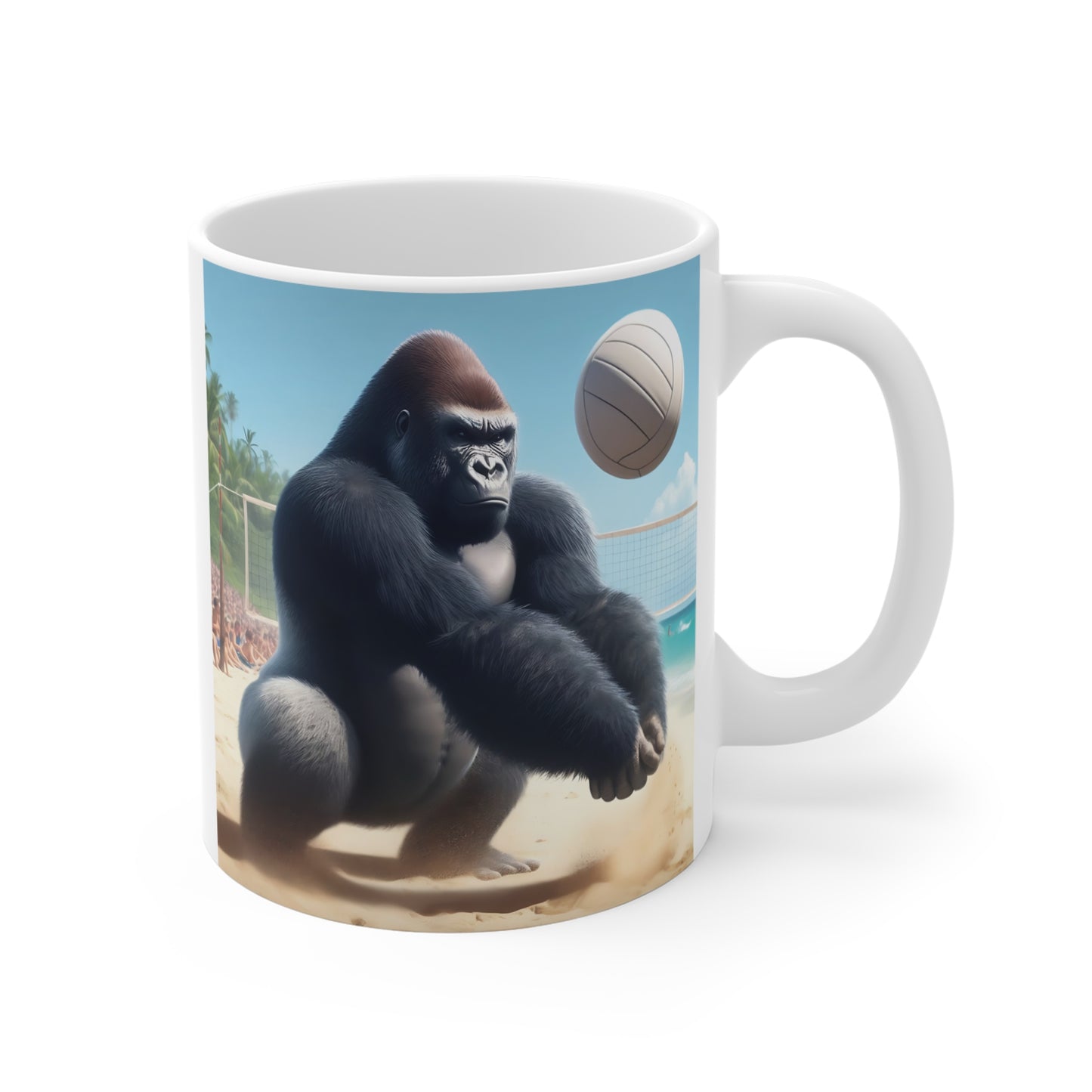 Gorilla beach volleyball mug featuring a powerful gorilla playing volleyball on a sunny tropical beach, printed on a white ceramic coffee mug.