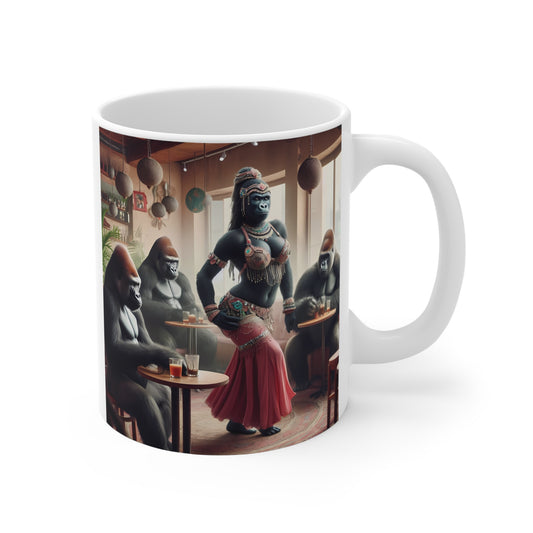 Gorilla belly dancer coffee mug featuring elegant tribal costume, café scene artwork, and artistic animal fantasy illustration for unique gift lovers.