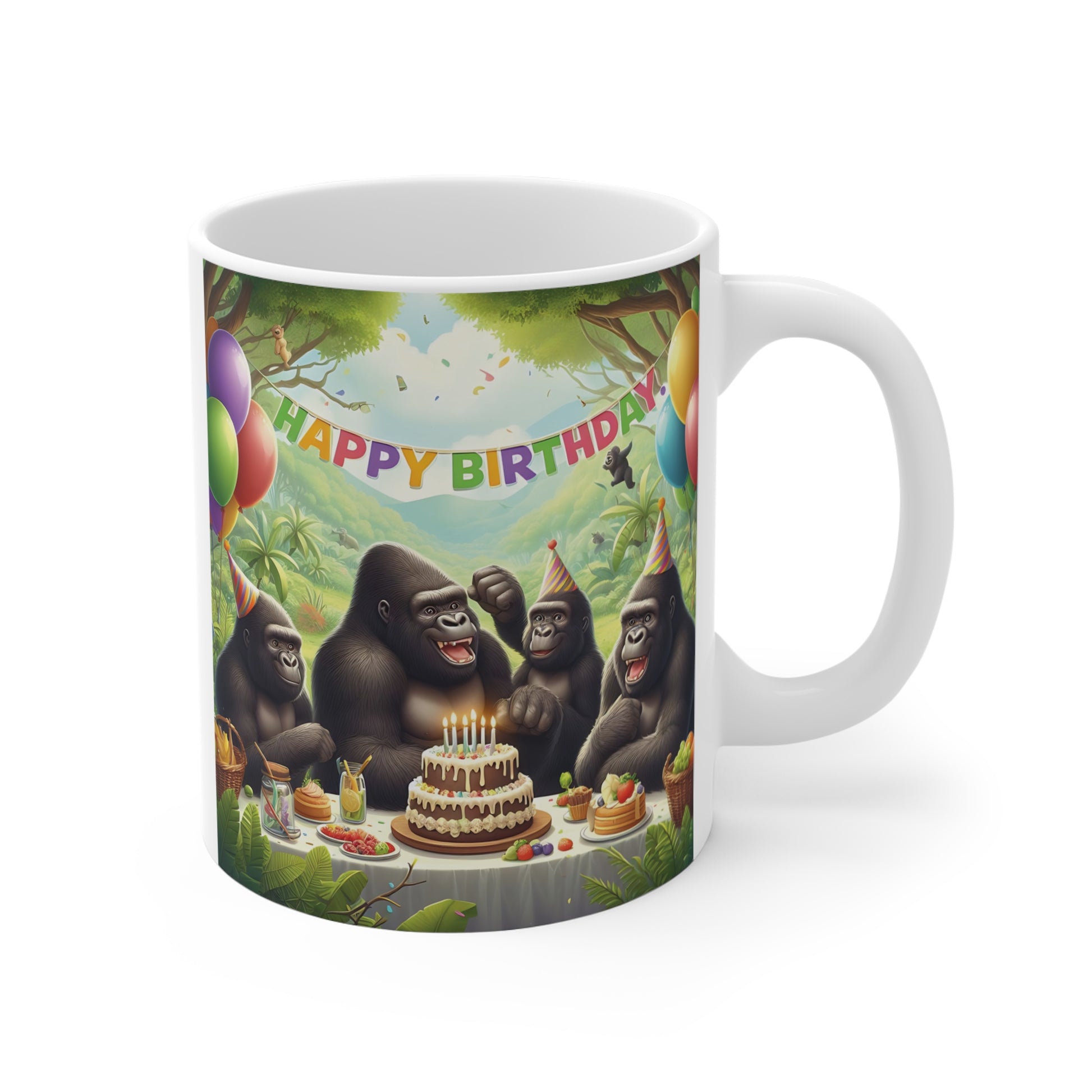 Funny gorilla birthday party with cake and candles, happy birthday banner, jungle theme coffee mug design