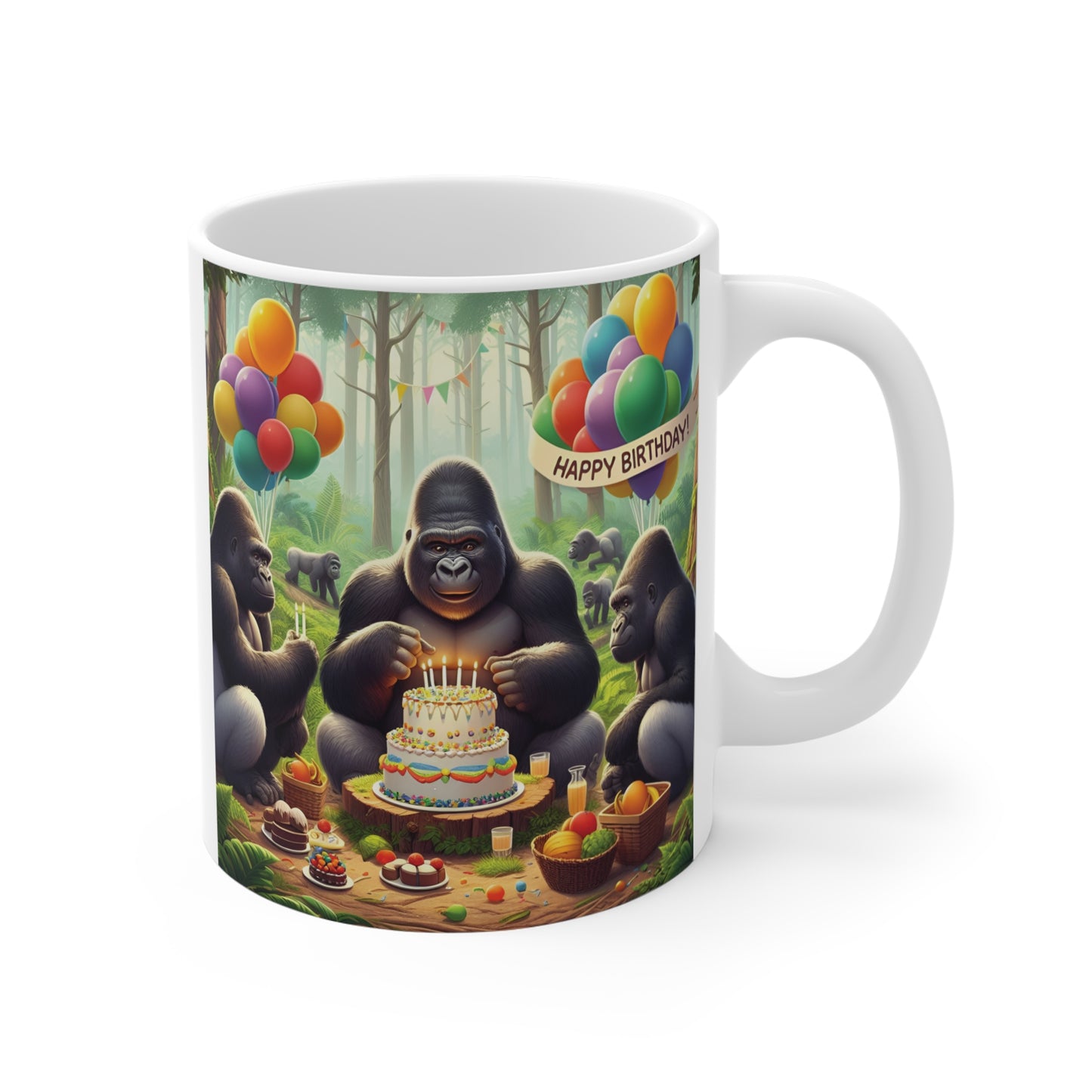 White ceramic mug featuring gorillas celebrating a birthday in the jungle with a cake, colorful balloons, party decorations, and a happy birthday banner.