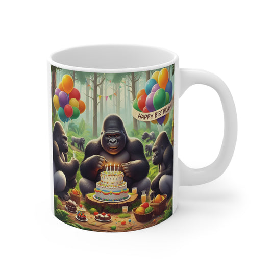 White ceramic mug featuring gorillas celebrating a birthday in the jungle with a cake, colorful balloons, party decorations, and a happy birthday banner.