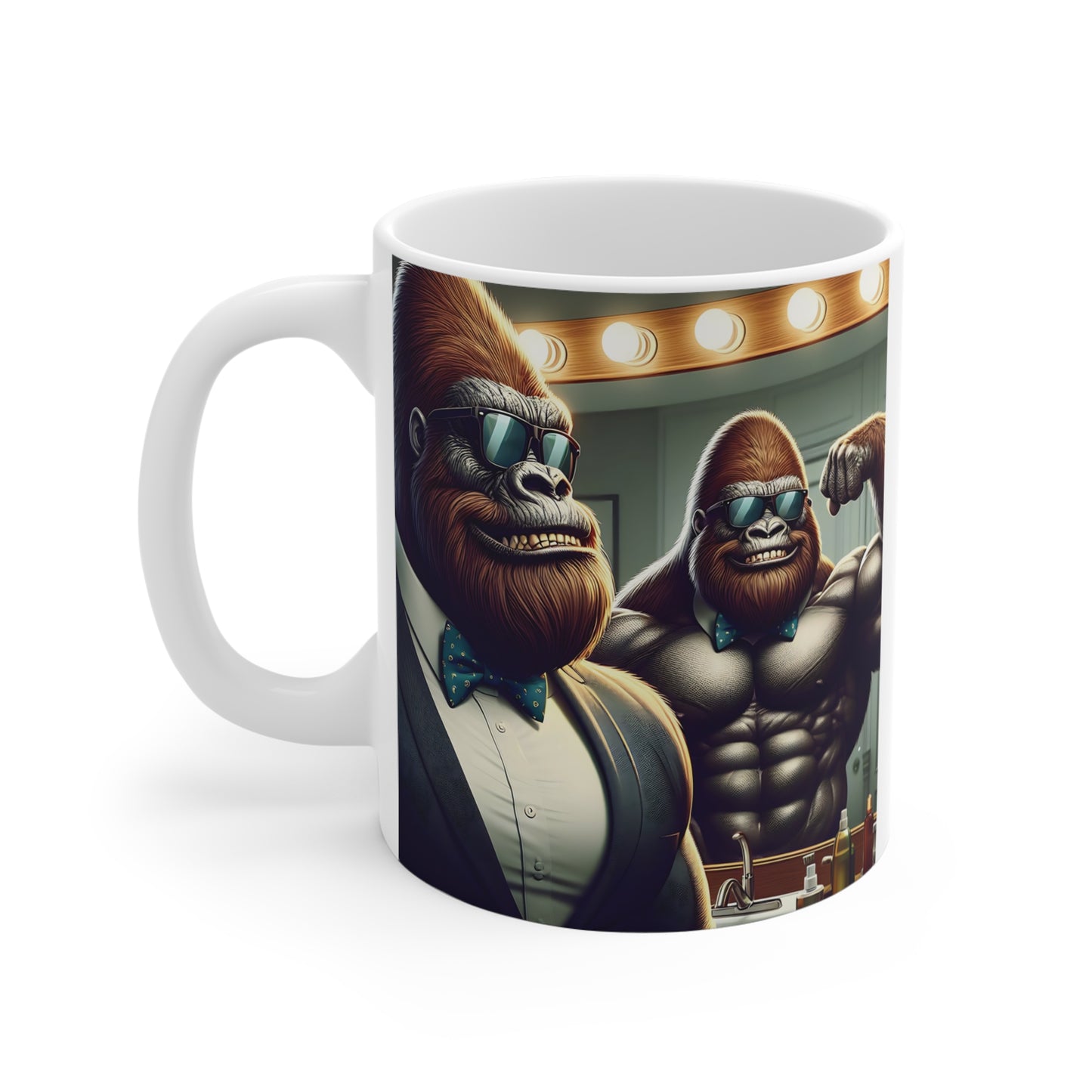 Inspirational gorilla-themed mug depicting a confident ape in formal attire seeing a stronger version of himself in the mirror, symbolizing confidence, growth, and self-belief.