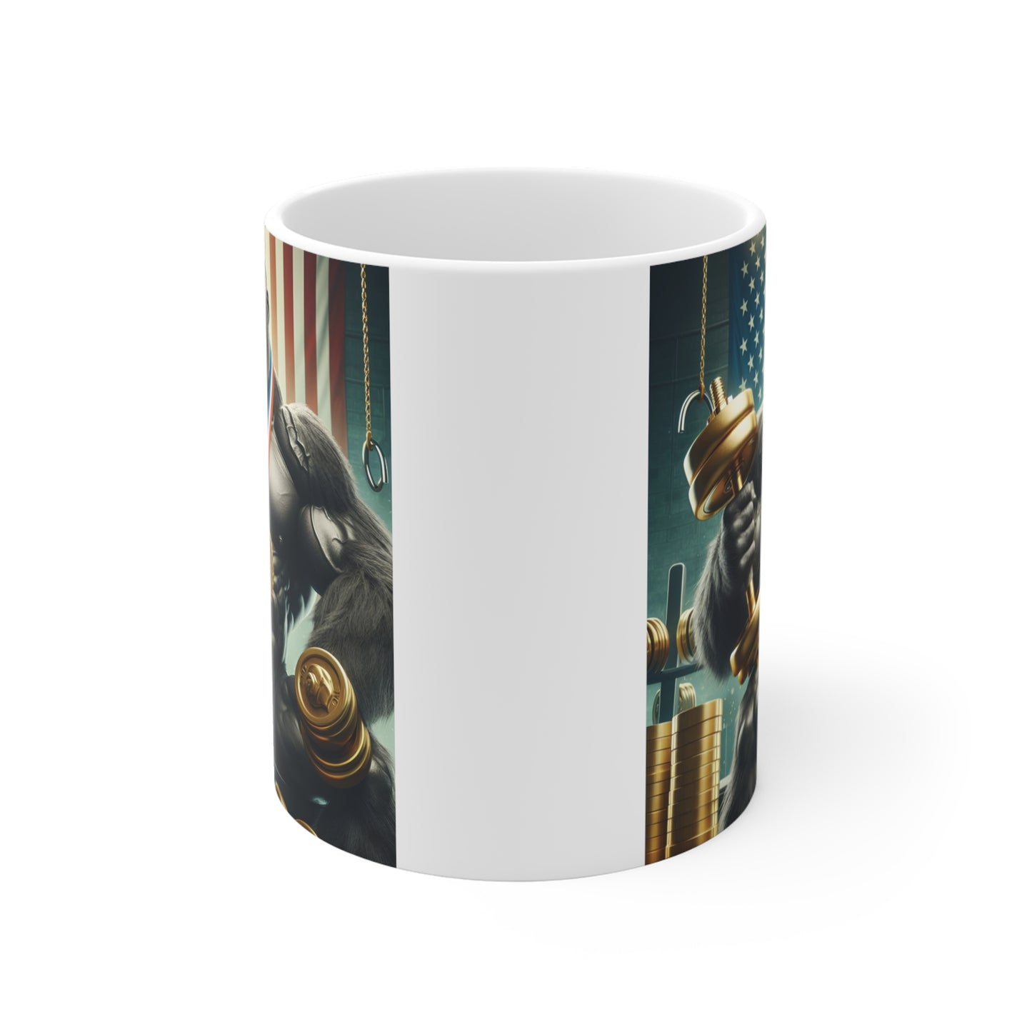 Powerful bodybuilding gorilla illustration with weightlifting equipment and championship medal featured on an 11oz ceramic mug.