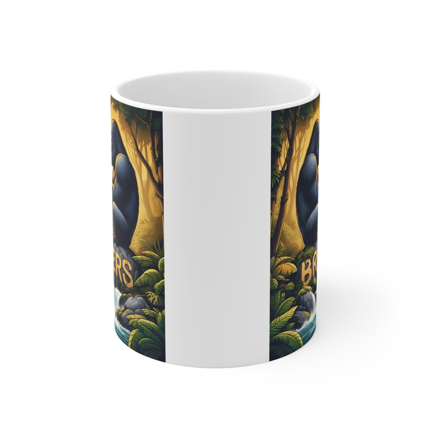 White mug showcasing two strong gorillas facing each other and gripping hands in a rainforest setting with cascading waterfalls, celebrating loyalty, family, and brotherly bonds.