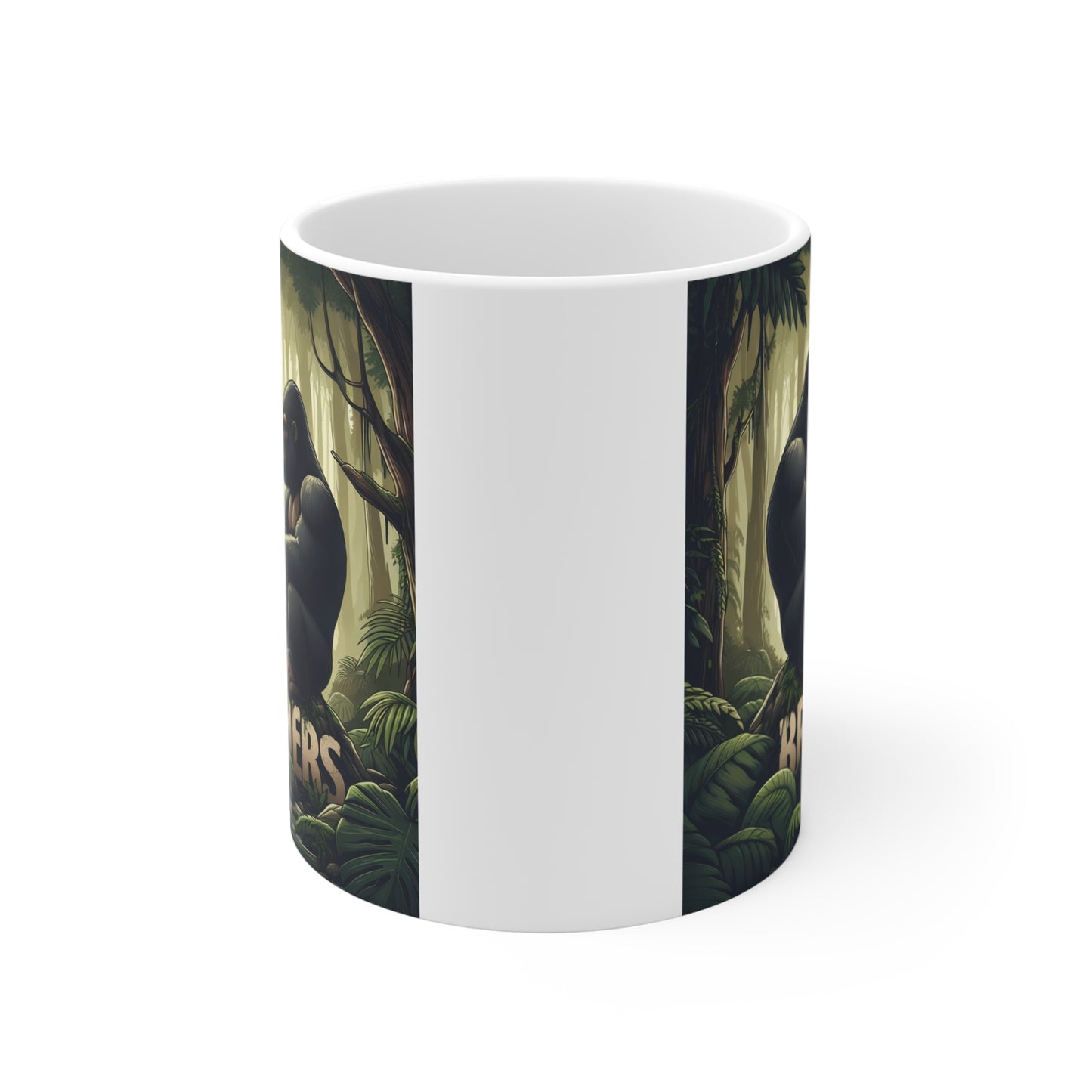 Artistic gorilla-themed mug showing two muscular apes in a forest setting symbolizing brotherhood, loyalty, and strength in detailed jungle artwork.