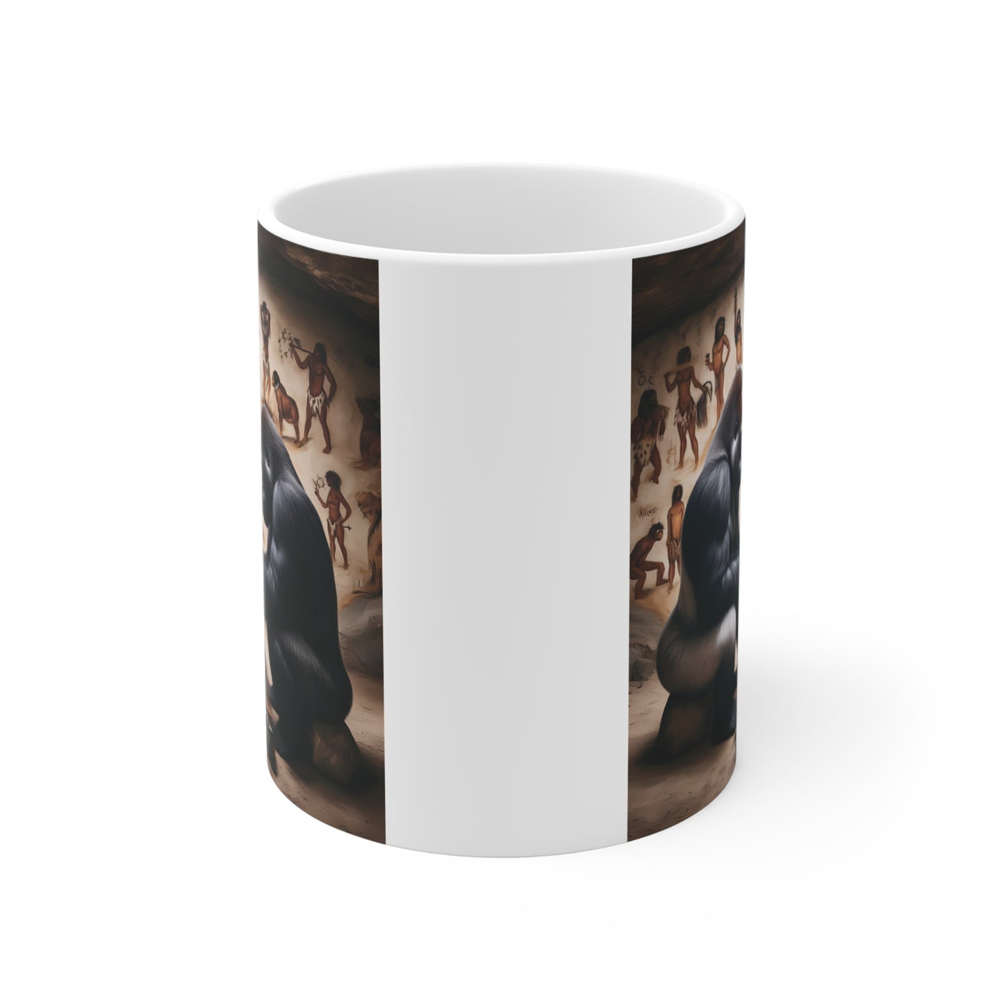Artistic gorilla chess coffee mug with ancient cave painting background and intelligent ape strategy illustration, novelty gift design