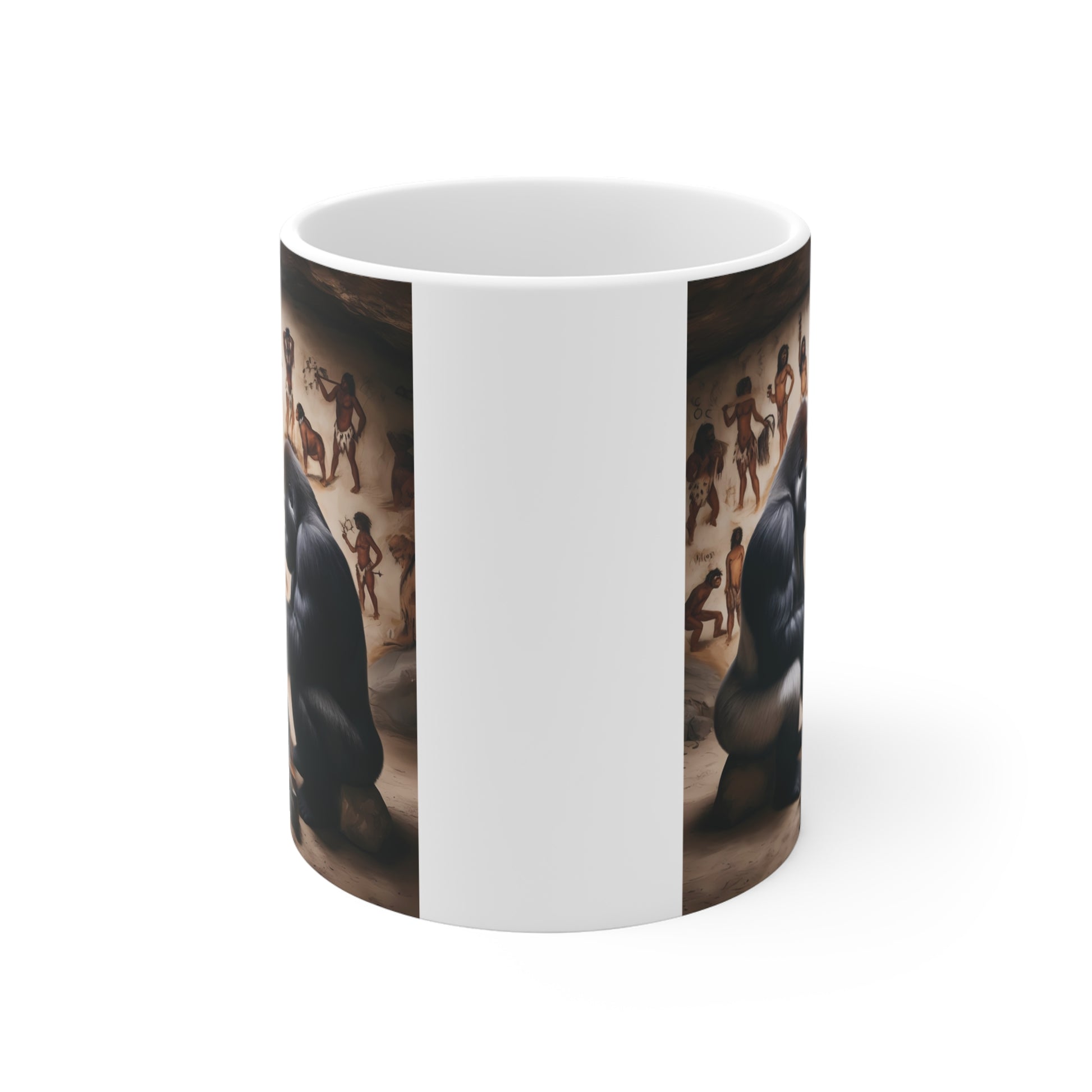 Artistic gorilla chess coffee mug with ancient cave painting background and intelligent ape strategy illustration, novelty gift design