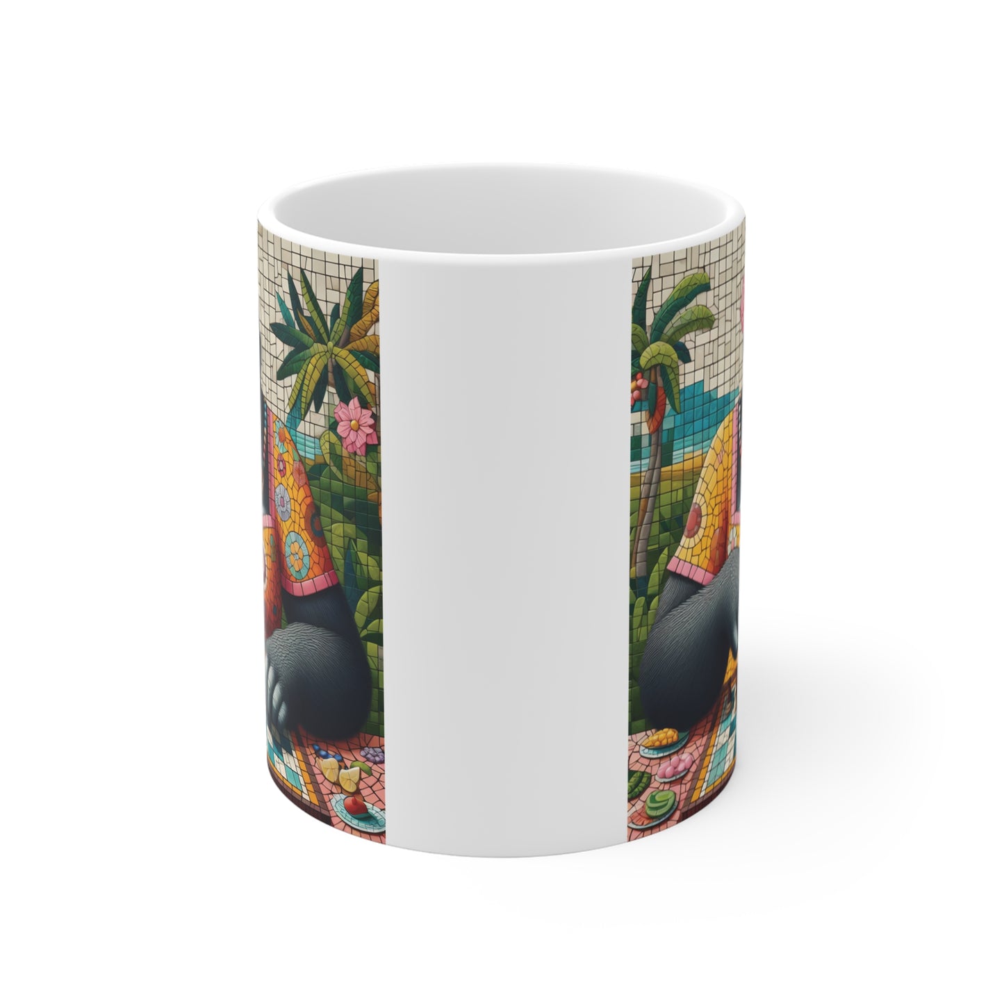 Unique mosaic gorilla coffee mug with tropical background, vibrant geometric artwork, and a thoughtful gorilla playing chess design for animal art lovers.