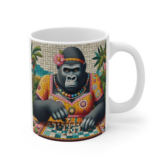 Artistic gorilla chess mug featuring a colorful mosaic-style ape wearing floral accessories and playing chess on an 11oz ceramic coffee mug.