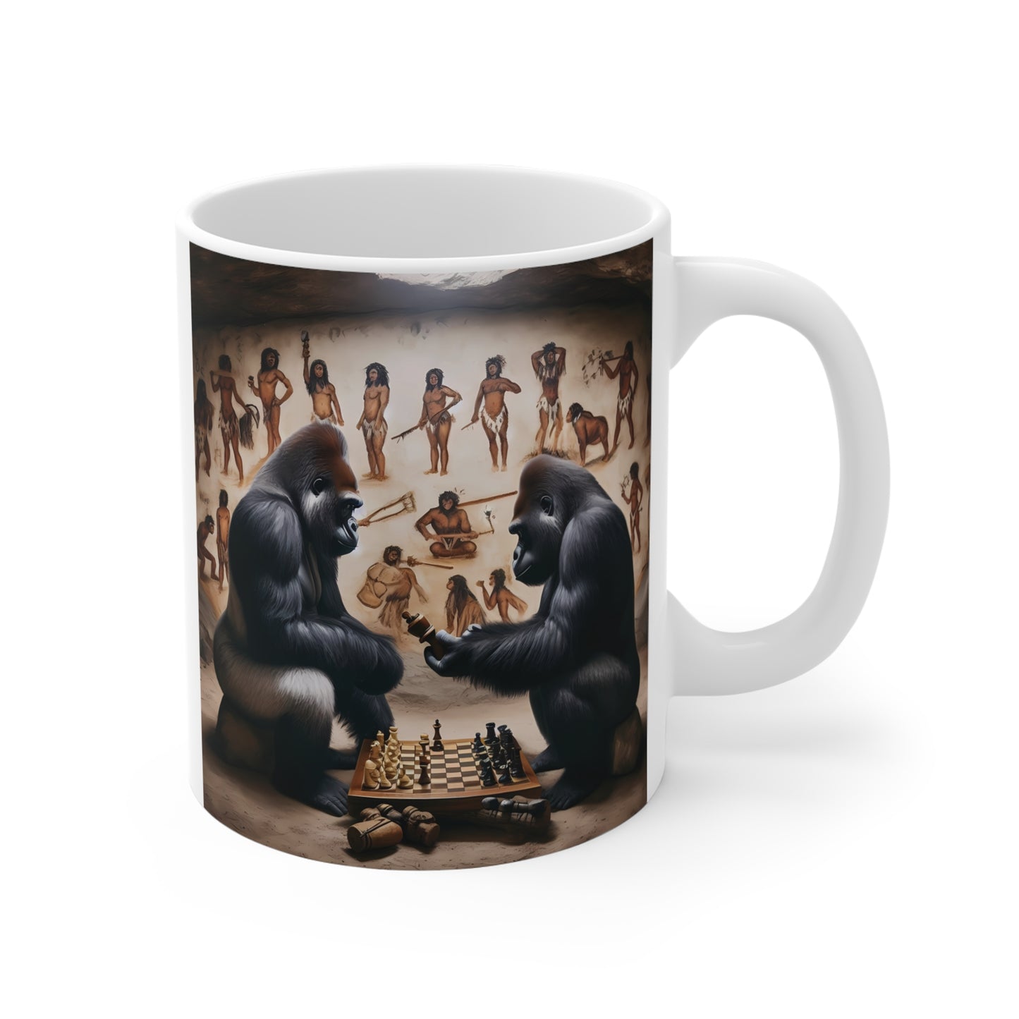 Gorilla chess cave art mug featuring two apes playing chess in a prehistoric cave scene on a unique ceramic coffee mug
