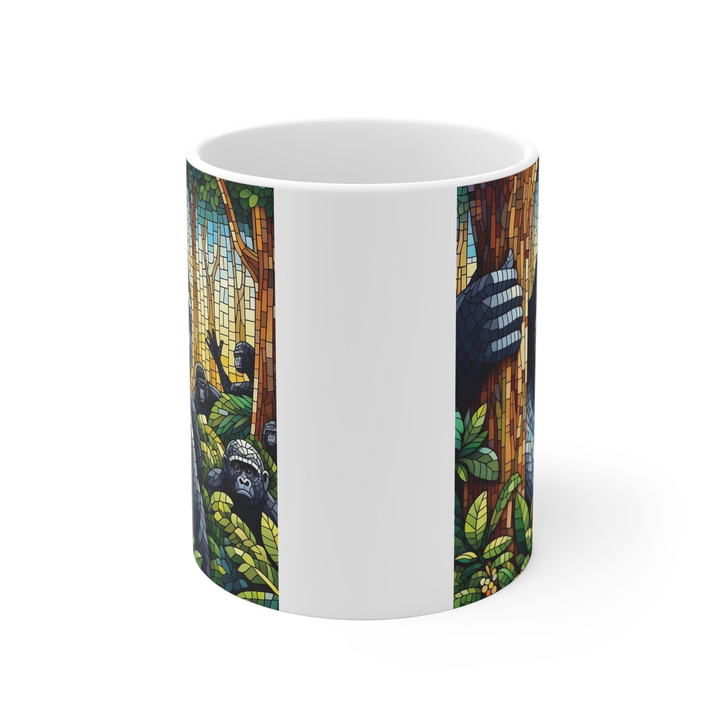 Stained glass style gorilla illustration printed on 11oz mug with tropical forest background – artistic ape coffee mug for nature fans