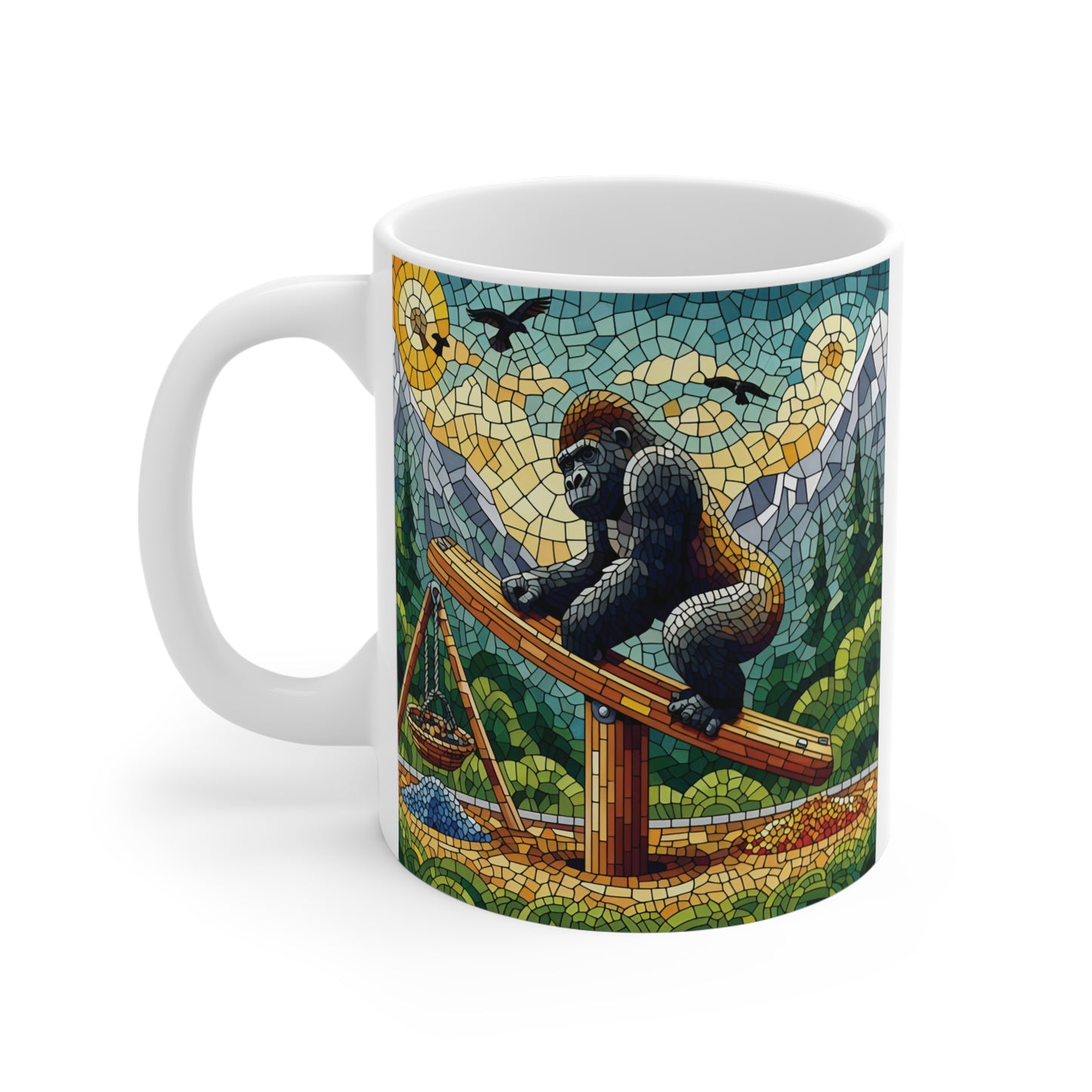 Artistic gorilla ceramic mug with vibrant mosaic jungle scene, balancing scales, and nature-inspired geometric tile pattern perfect for gift and home decor.