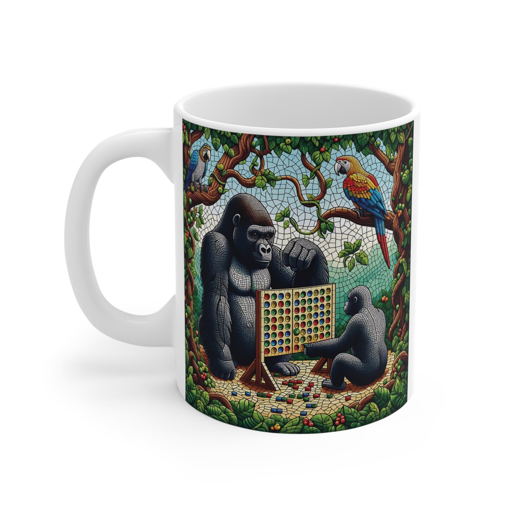 Tropical wildlife coffee mug with gorilla family, parrots, jungle vines, and mosaic artwork design for animal lovers and gift ideas.