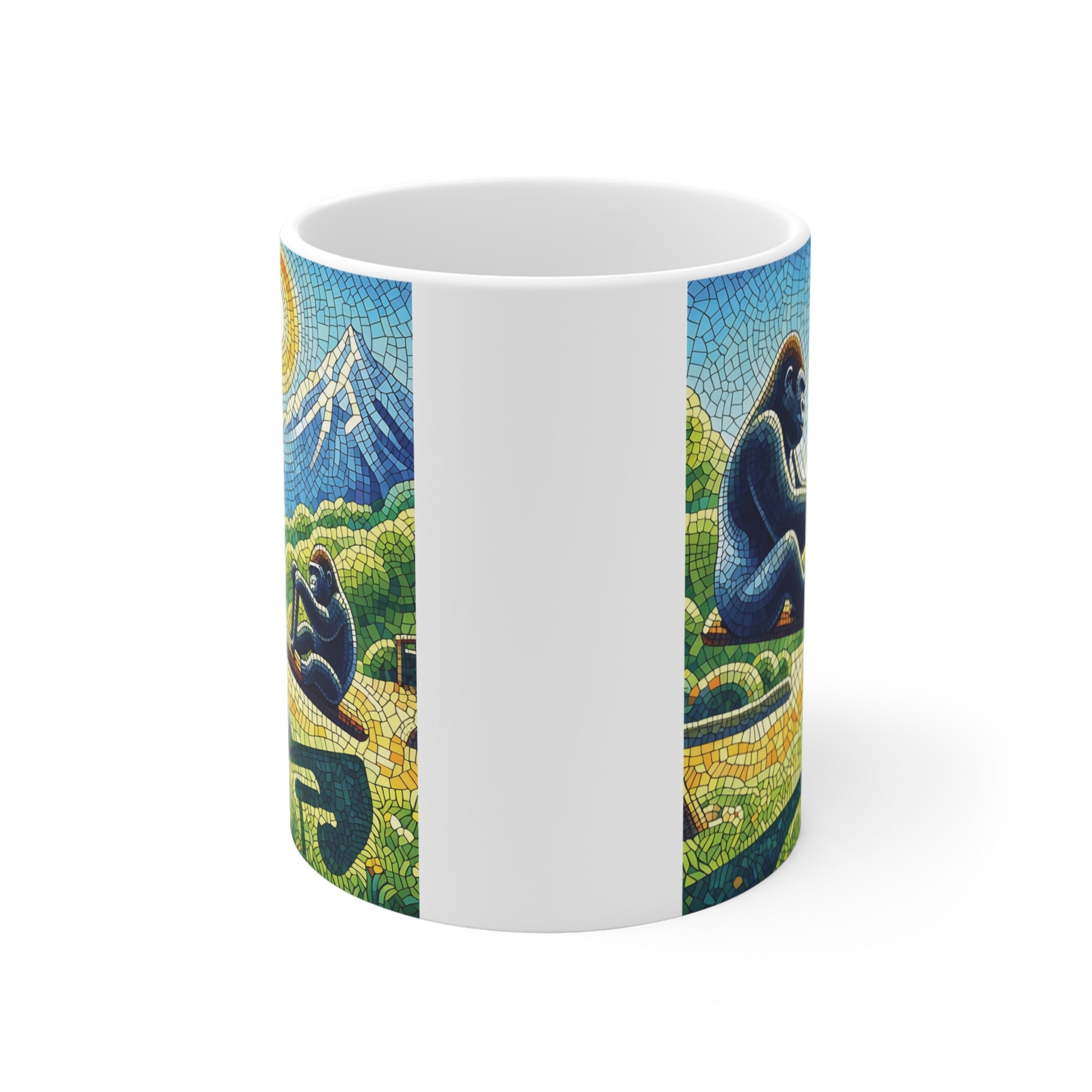 Artistic stained glass style gorilla seesaw scene with bright sun and hills printed on ceramic mug