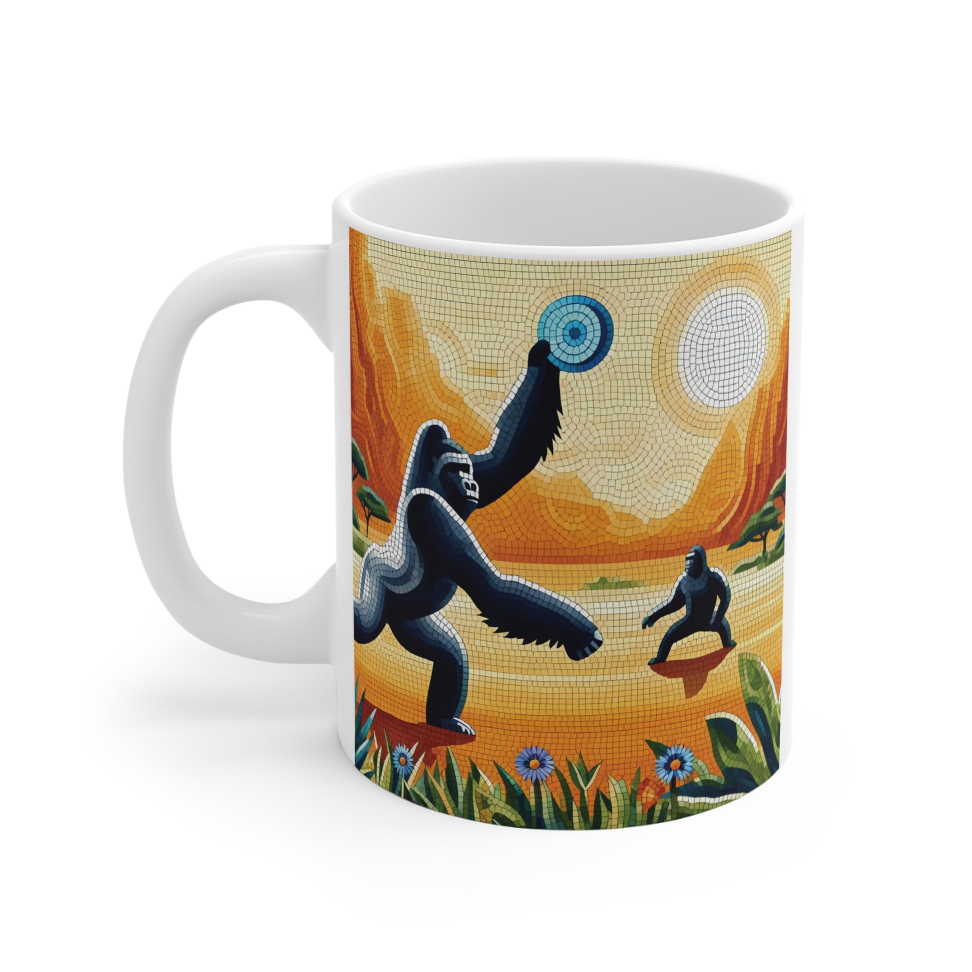 Colorful gorilla safari coffee mug showcasing stained glass style animal art, desert backdrop, and decorative nature-inspired design.