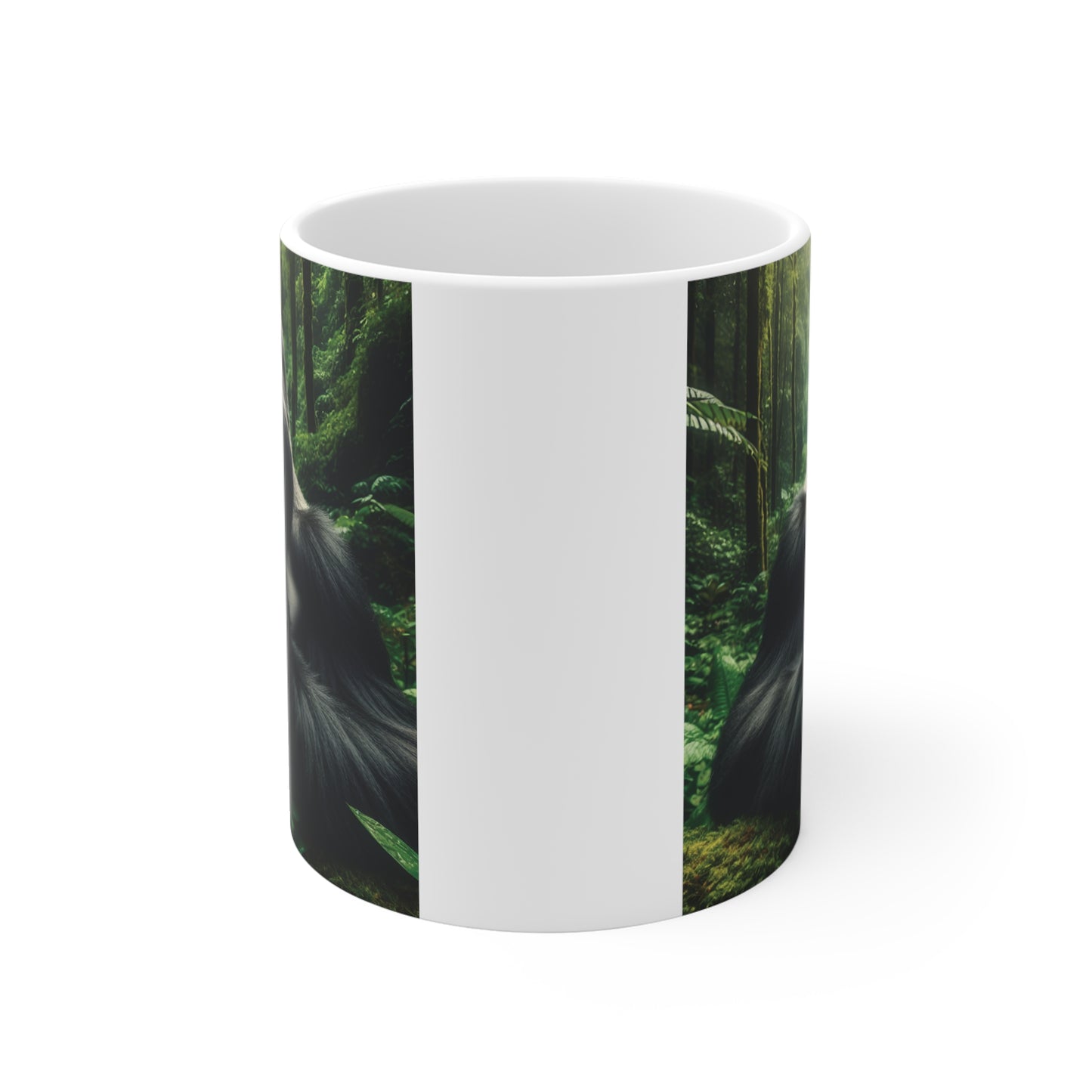 Detailed jungle gorilla illustration on an 11oz ceramic mug featuring a powerful silverback surrounded by a green forest background.