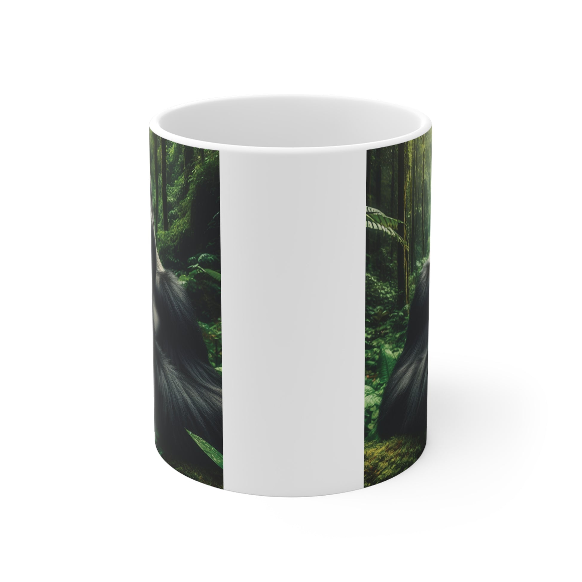 Detailed jungle gorilla illustration on an 11oz ceramic mug featuring a powerful silverback surrounded by a green forest background.