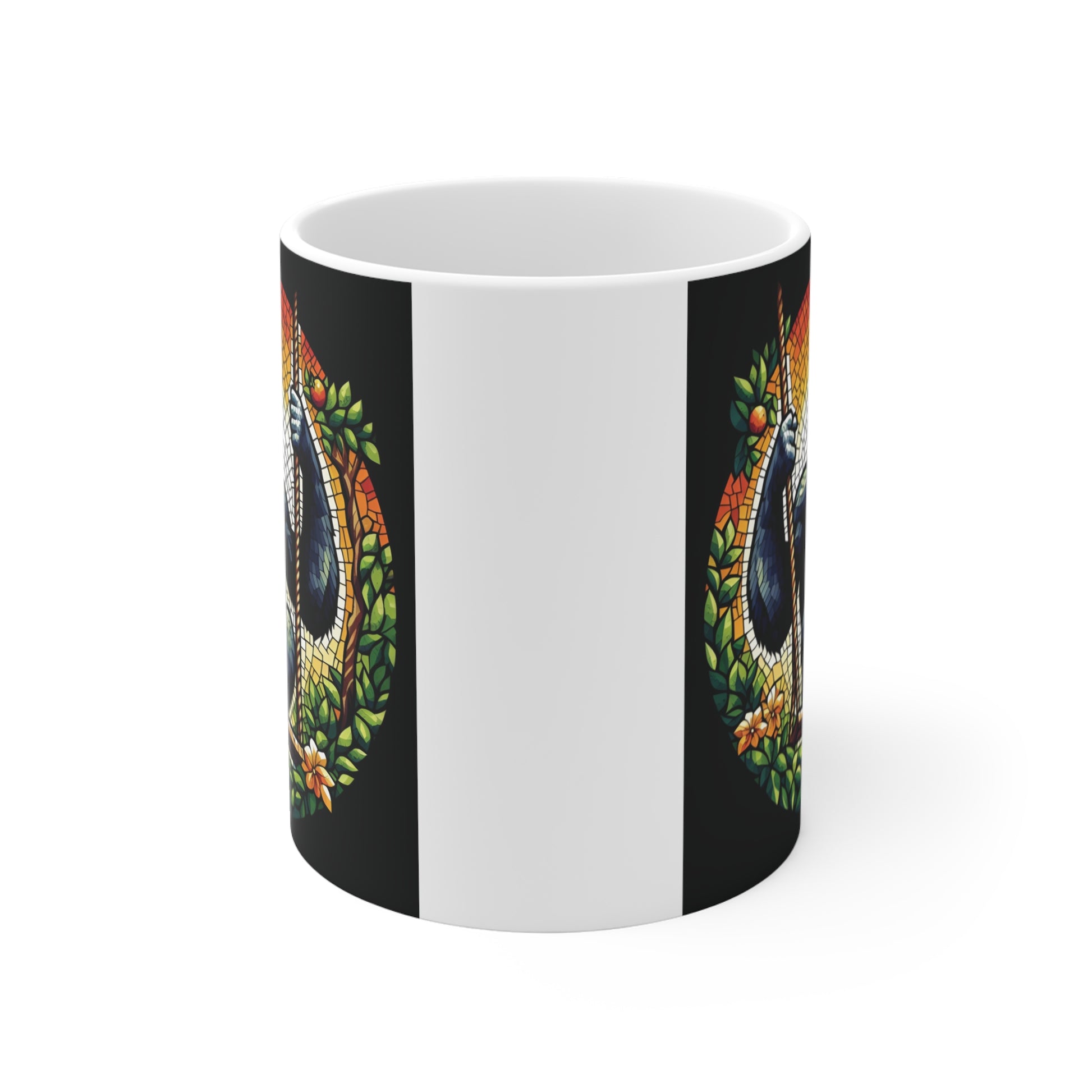 Artistic gorilla on a rope swing framed by tropical leaves and flowers, created in a stained-glass mosaic style on a ceramic mug.