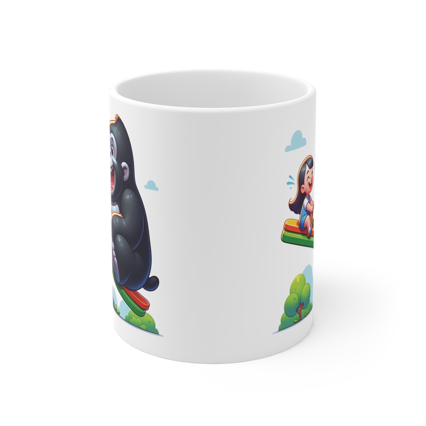 Adorable gorilla laughing with girl on seesaw, whimsical cartoon playground art coffee mug gift idea