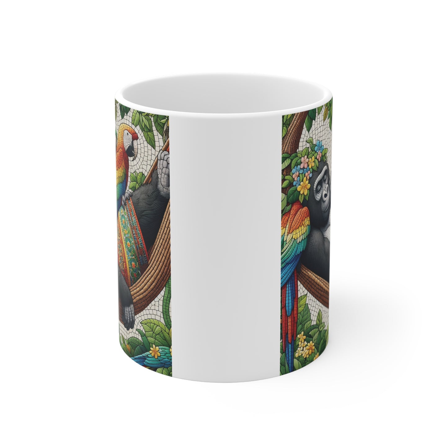Artistic jungle wildlife coffee mug with gorilla lounging in a hammock beside vibrant macaws, detailed stained glass inspired ceramic mug design