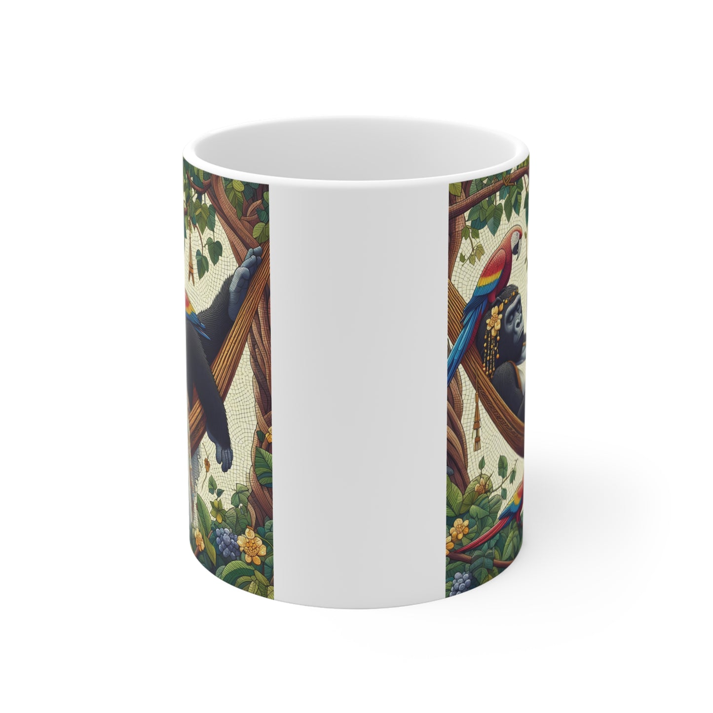 Tropical gorilla and parrots hammock illustration mug design, detailed rainforest theme, colorful animal art gift idea