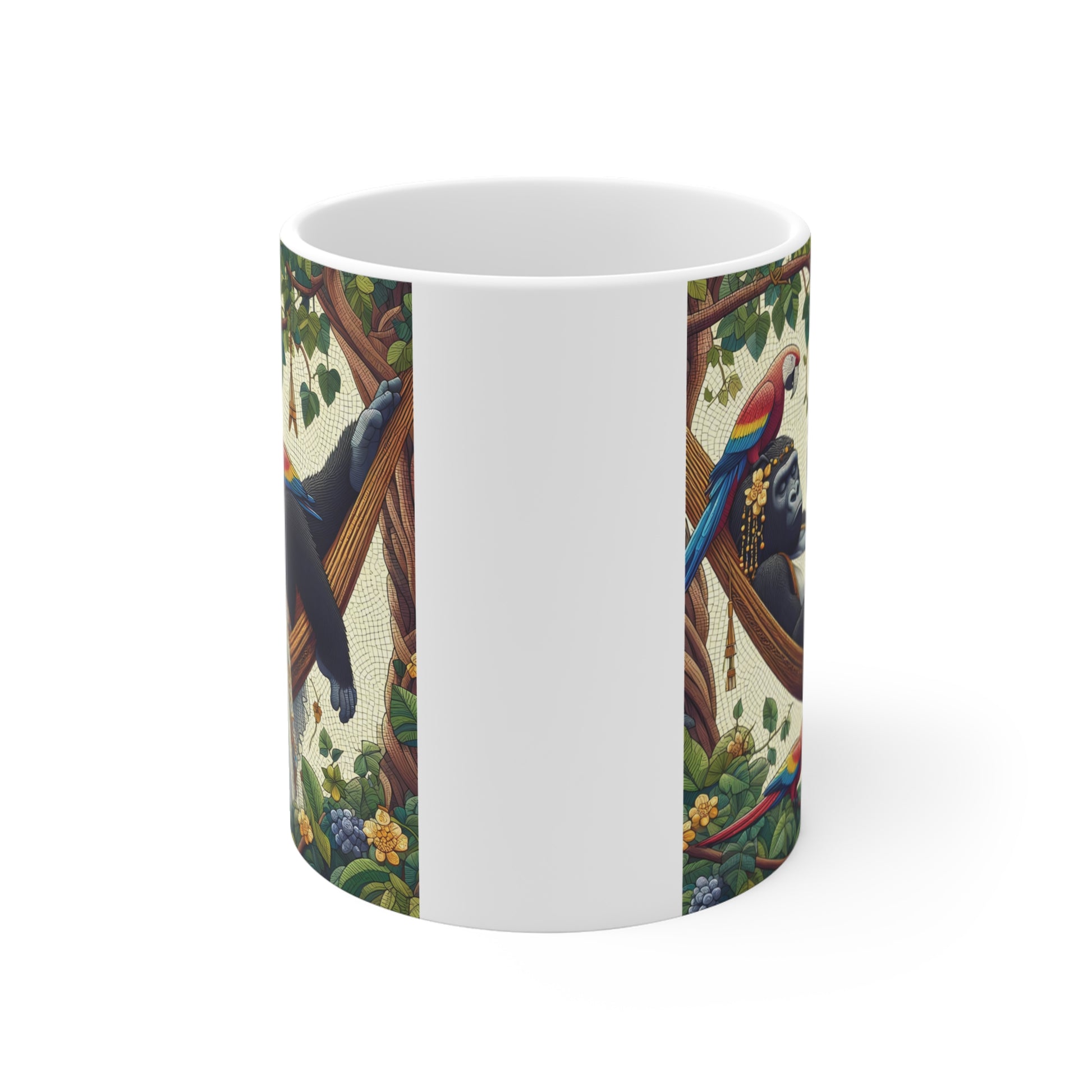 Tropical gorilla and parrots hammock illustration mug design, detailed rainforest theme, colorful animal art gift idea