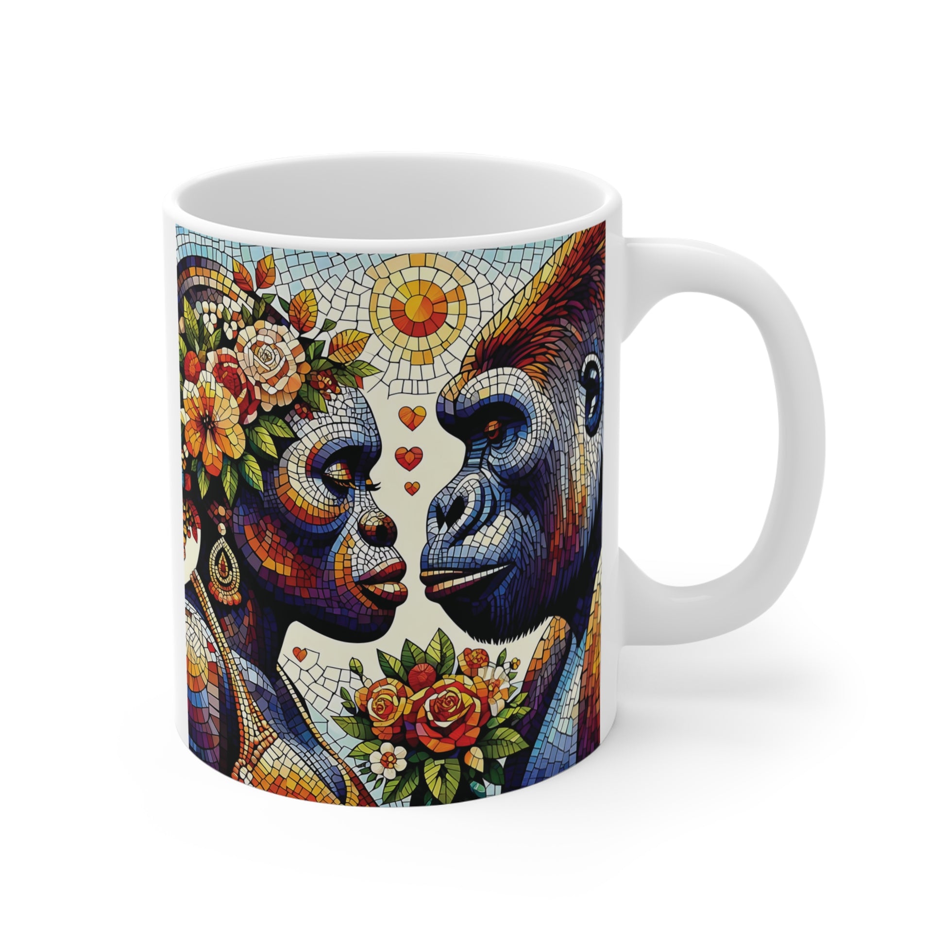 Romantic gorilla couple mug with colorful mosaic art, unique animal love coffee cup featuring floral stained glass design