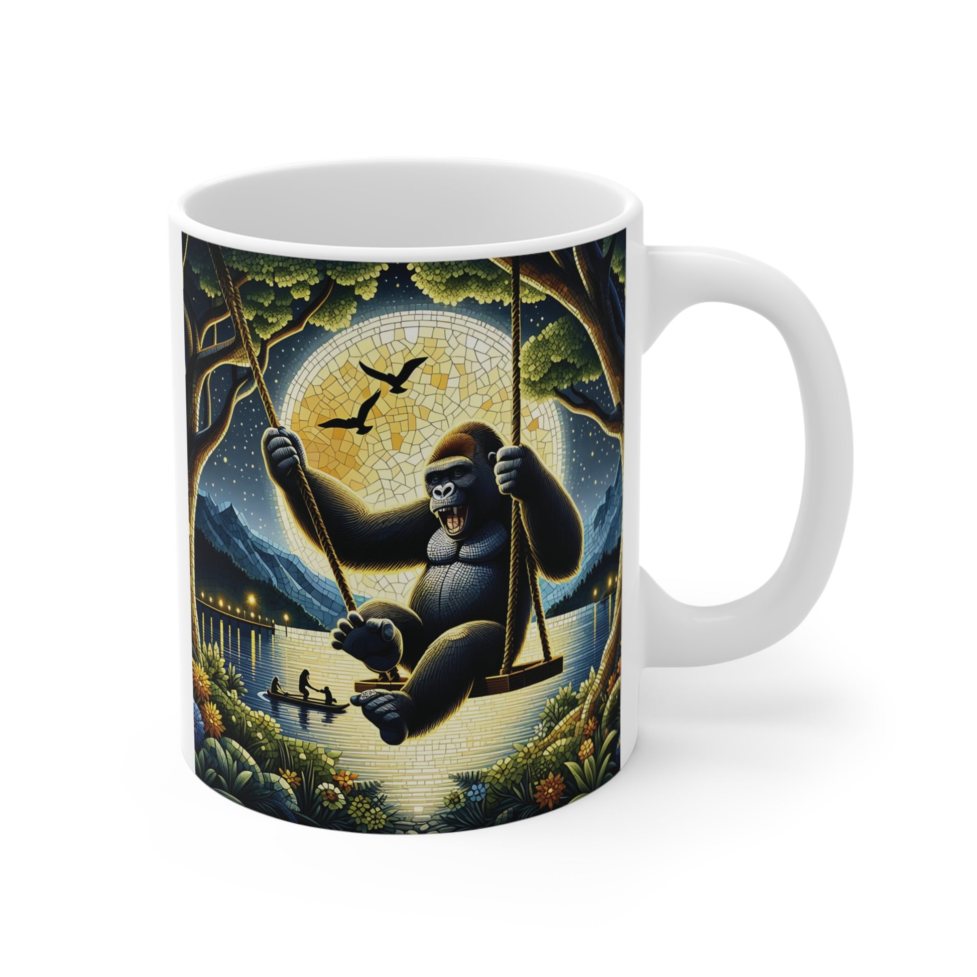 Gorilla Swinging Under Moon Mug – Mosaic Style Gorilla Swinging at Night Ceramic Coffee Mug with Full Moon Artwork