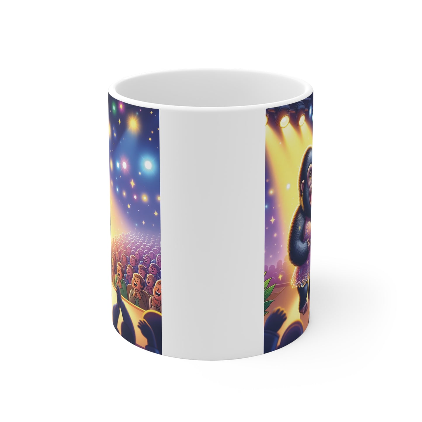 Humorous animal mug featuring gorilla karaoke performance with cheering audience illustration