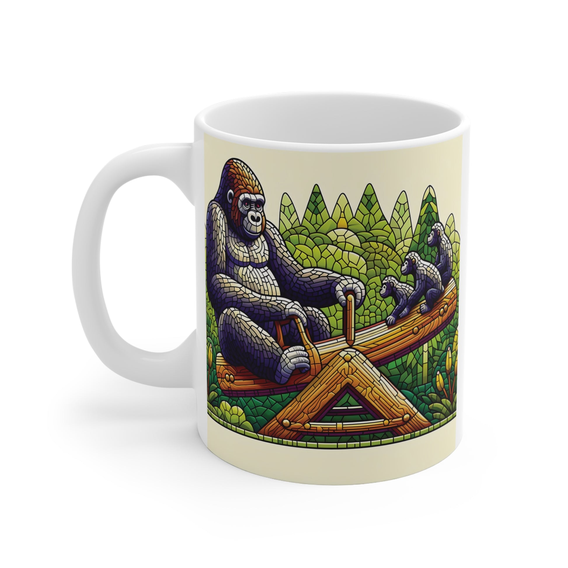 Artistic gorilla illustration on coffee mug showing big gorilla operating wooden seesaw with baby gorilla in forest background