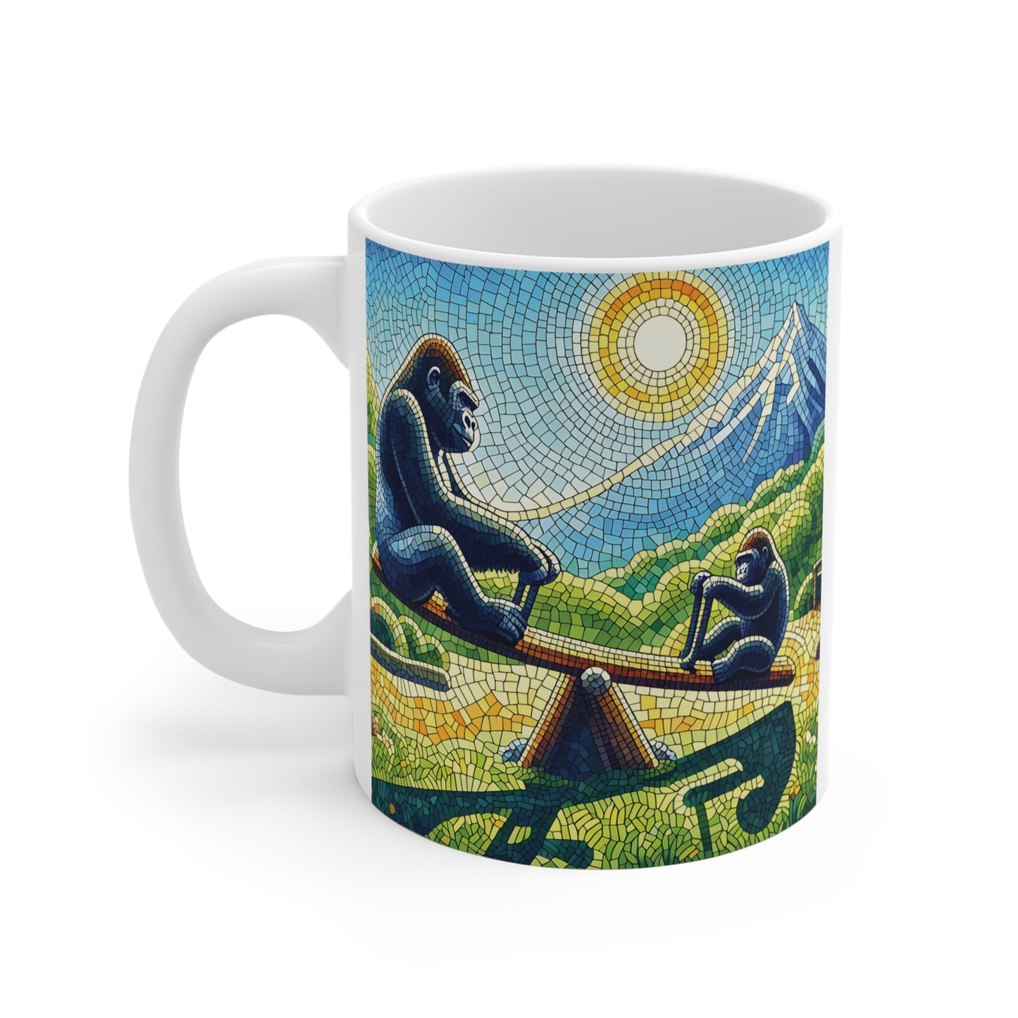 Unique mosaic gorilla illustration showing playful seesaw balance in nature on coffee mug