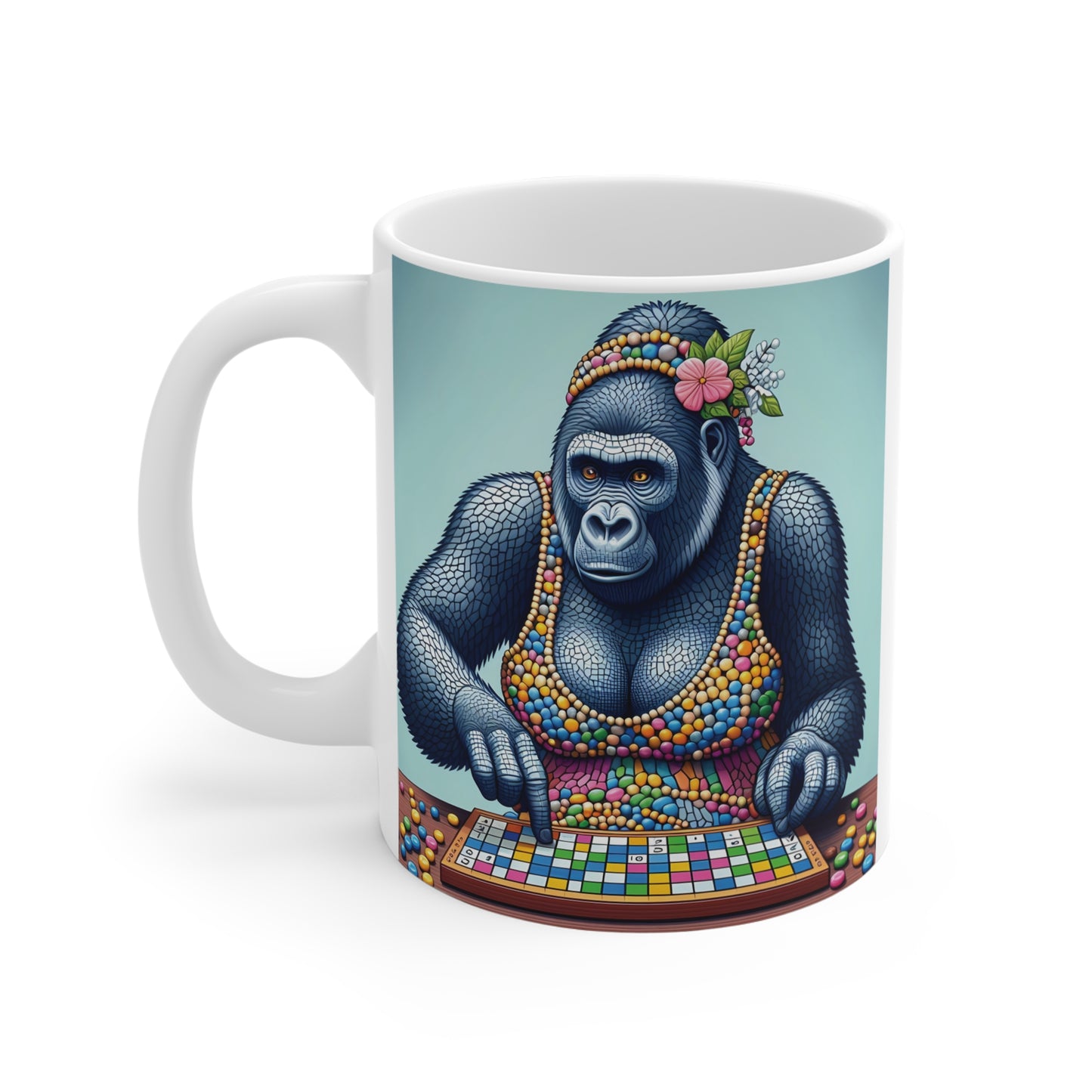 Whimsical gorilla themed coffee mug with mosaic art style illustration of a gorilla lady playing a game, unique animal art gift for coffee lovers and collectors.