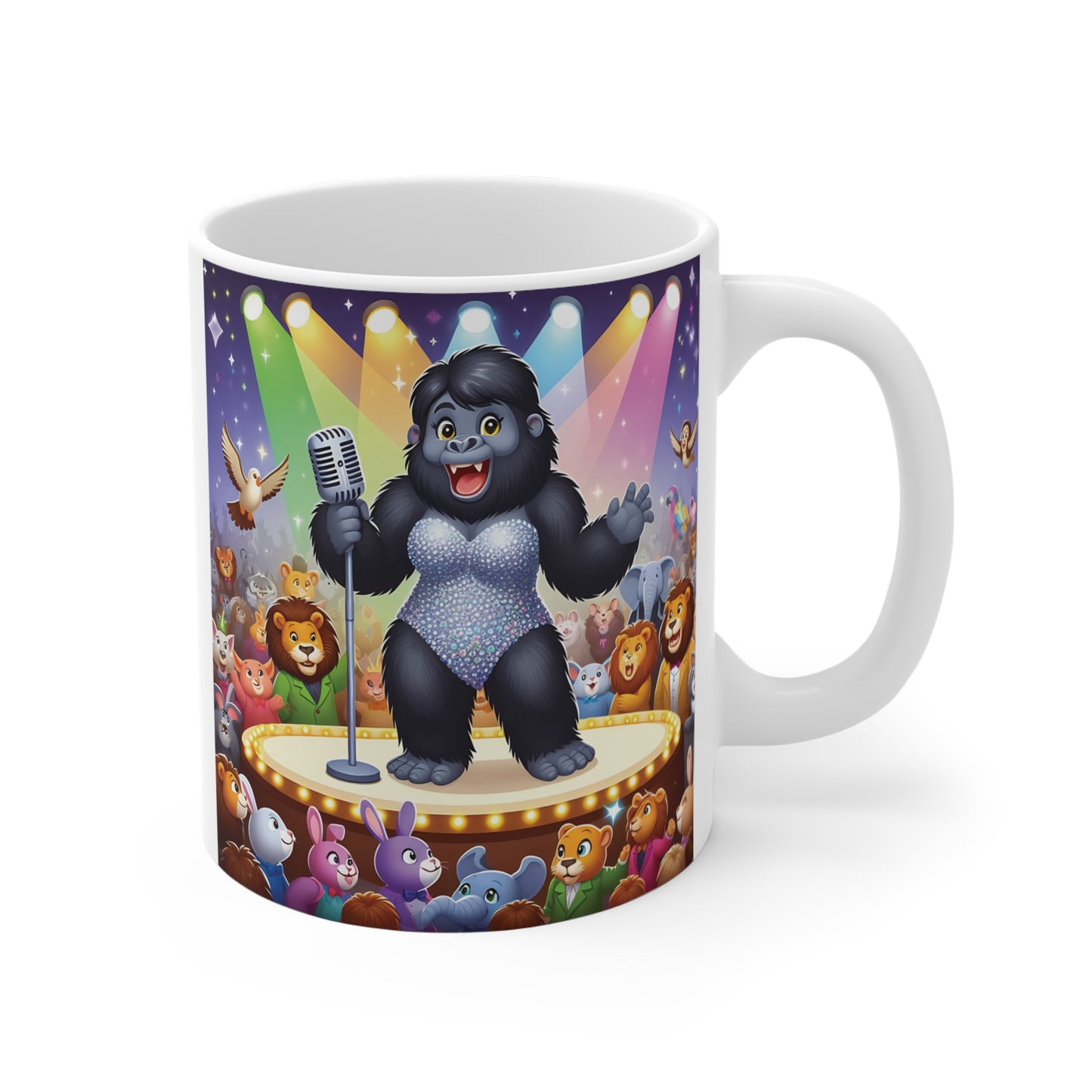 Cartoon gorilla singer performing on a brightly lit stage, vibrant animal-themed novelty coffee mug for music lovers.