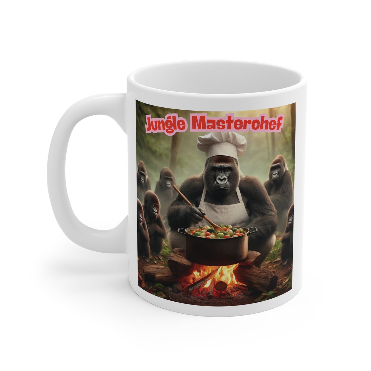 Jungle masterchef gorilla cooking mug with fire and pot, funny chef coffee cup perfect for grill master and cooking humor gift