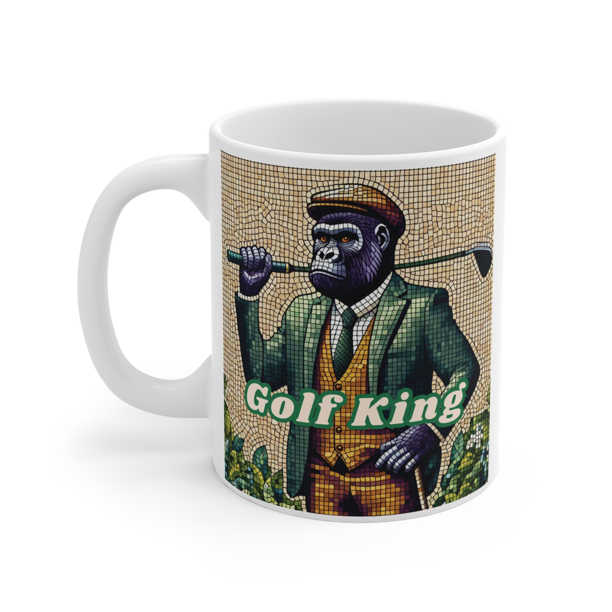 King of Cool gorilla coffee mug, stylish monkey holding golf club, unique gift for men