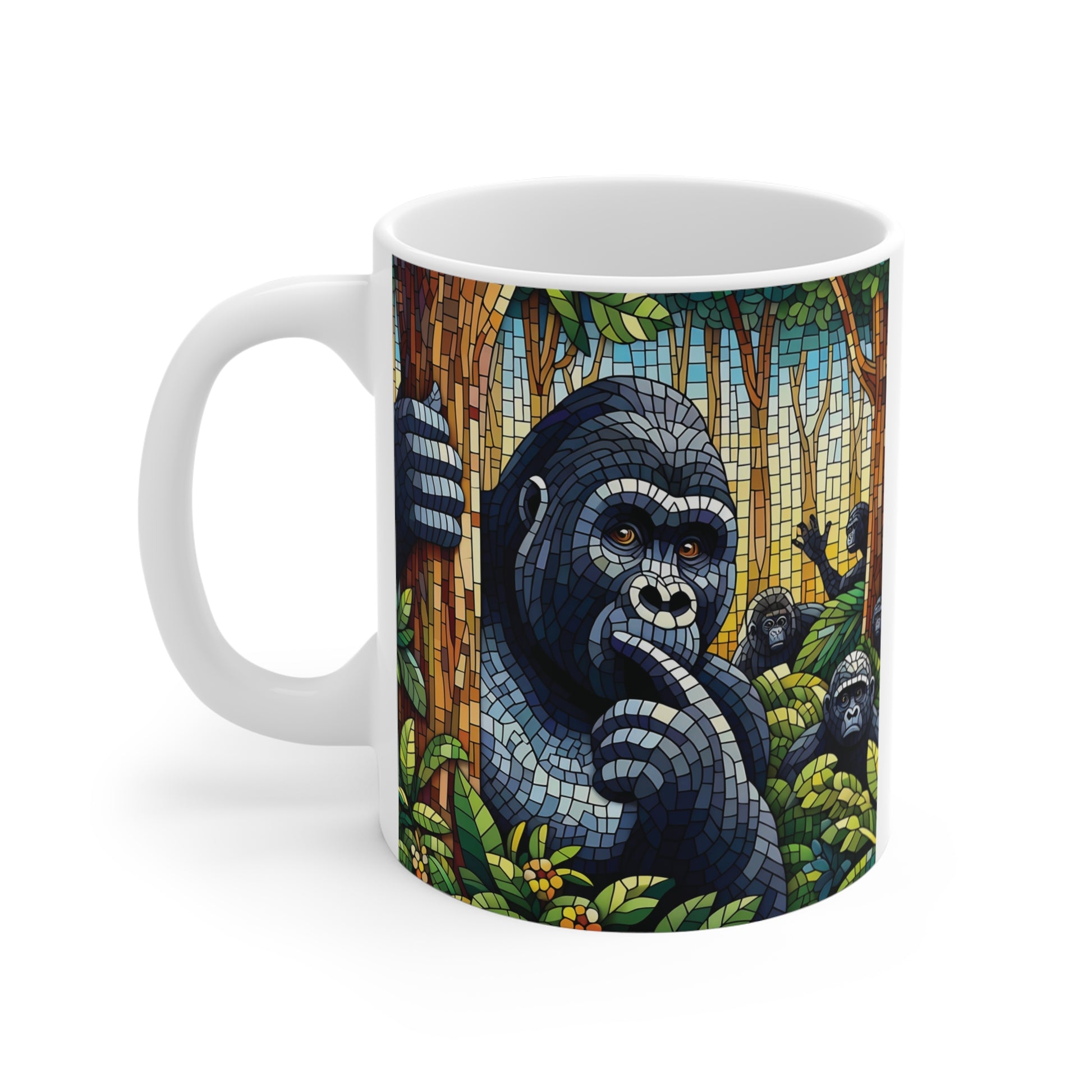 Decorative gorilla mosaic coffee mug with vibrant rainforest artwork – creative ceramic mug gift for gorilla and safari enthusiasts