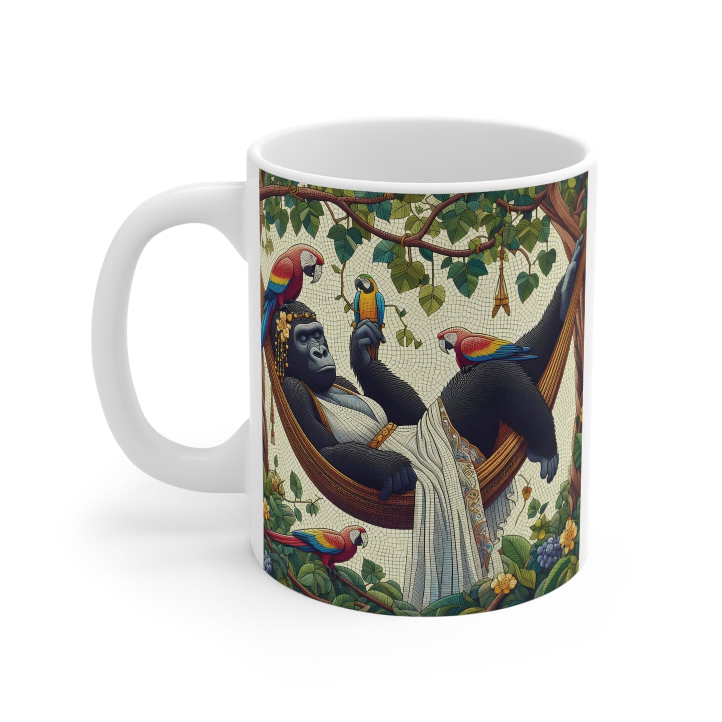 Cute gorilla lounging in hammock surrounded by parrots and lush leaves, vibrant jungle scene printed on mug, exotic wildlife artwork