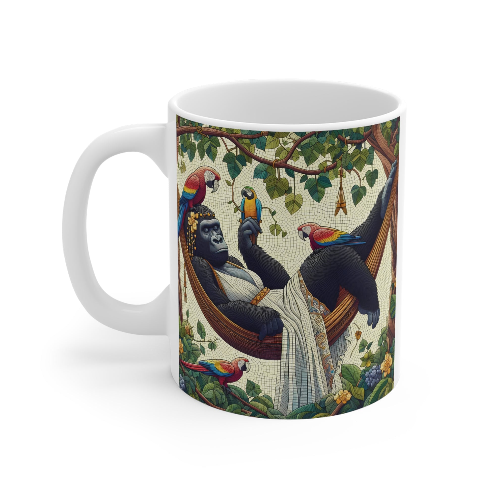 Cute gorilla lounging in hammock surrounded by parrots and lush leaves, vibrant jungle scene printed on mug, exotic wildlife artwork