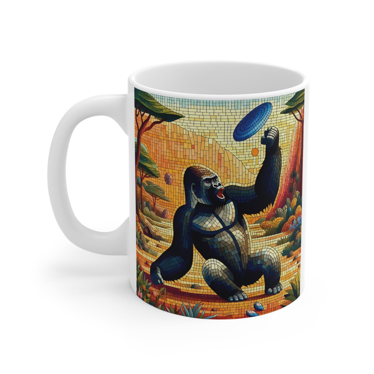 Artistic gorilla mosaic illustration with frisbee in vibrant landscape, unique abstract animal mug design