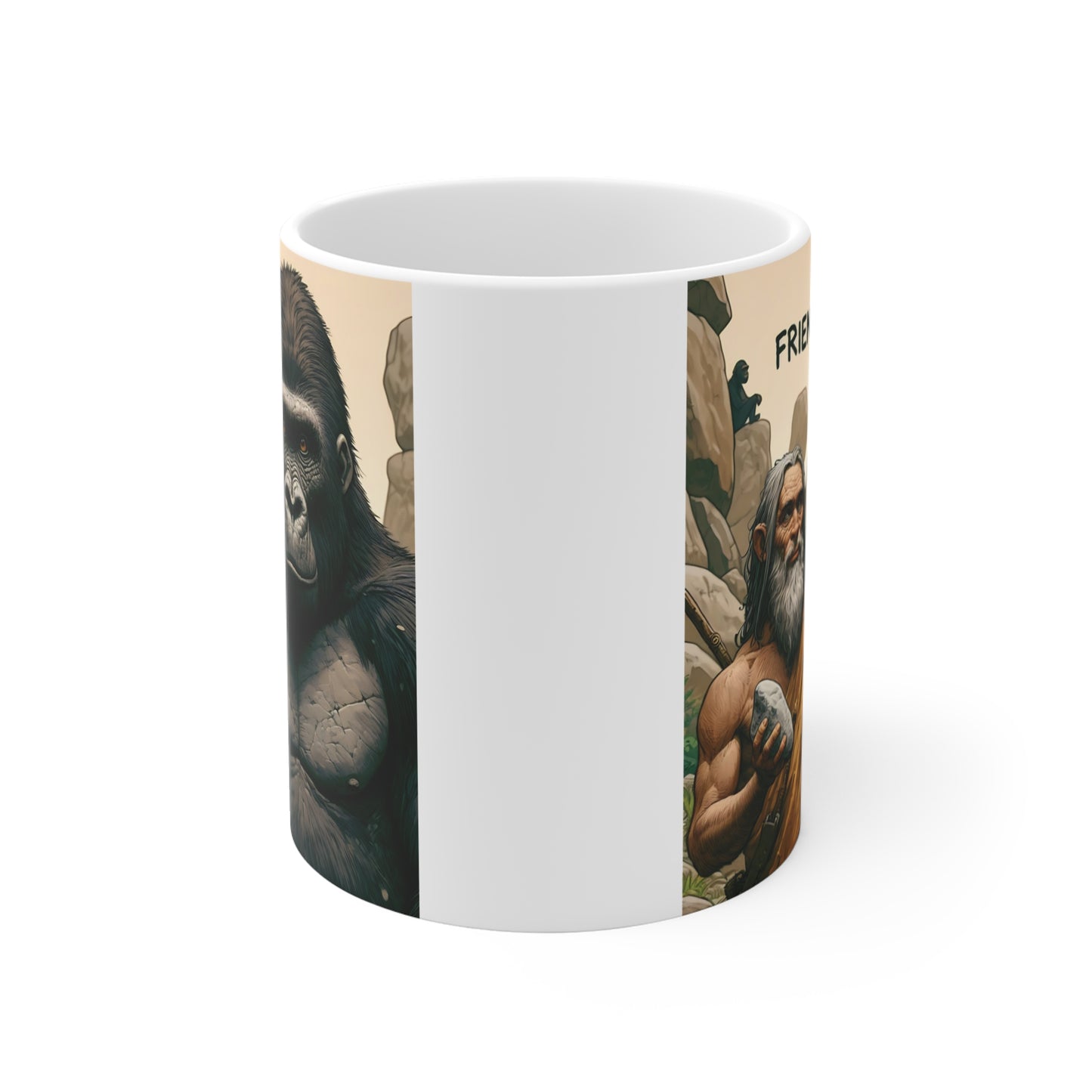 Unique caveman and gorilla mug design with humorous friendship theme, vintage stone age style art, and detailed animal portrait illustration.