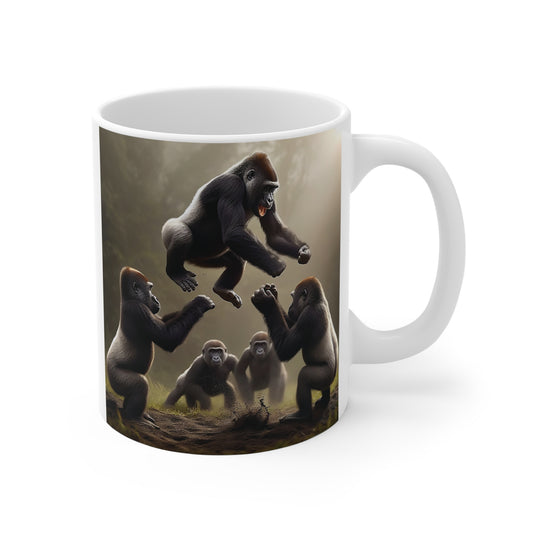 Gorilla coffee mug featuring dramatic jungle artwork with playful jumping gorillas, creating a bold wildlife design for animal lovers and collectors.