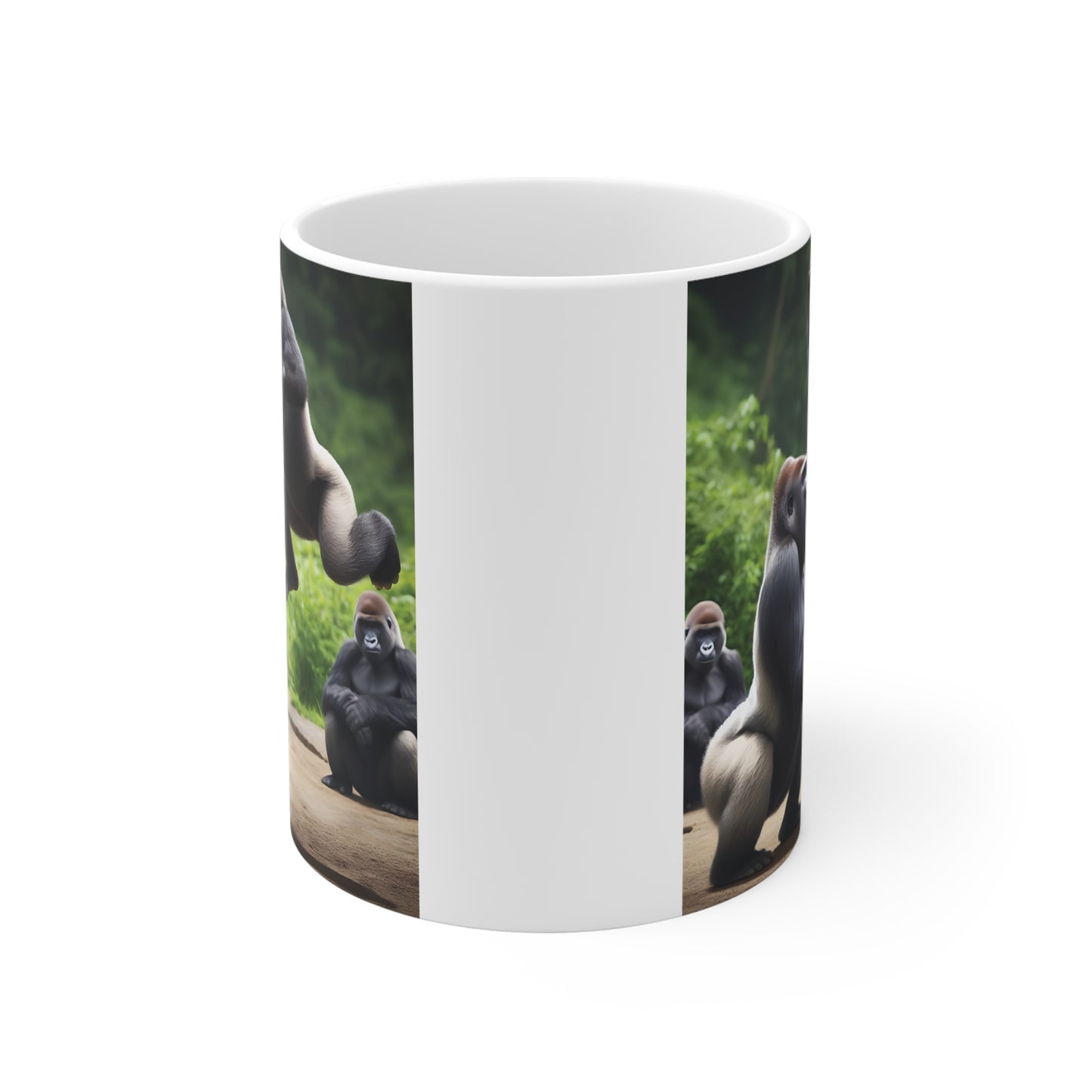 White ceramic mug with realistic gorilla illustration showing energetic primates in action, ideal for wildlife fans and safari-themed kitchen decor.