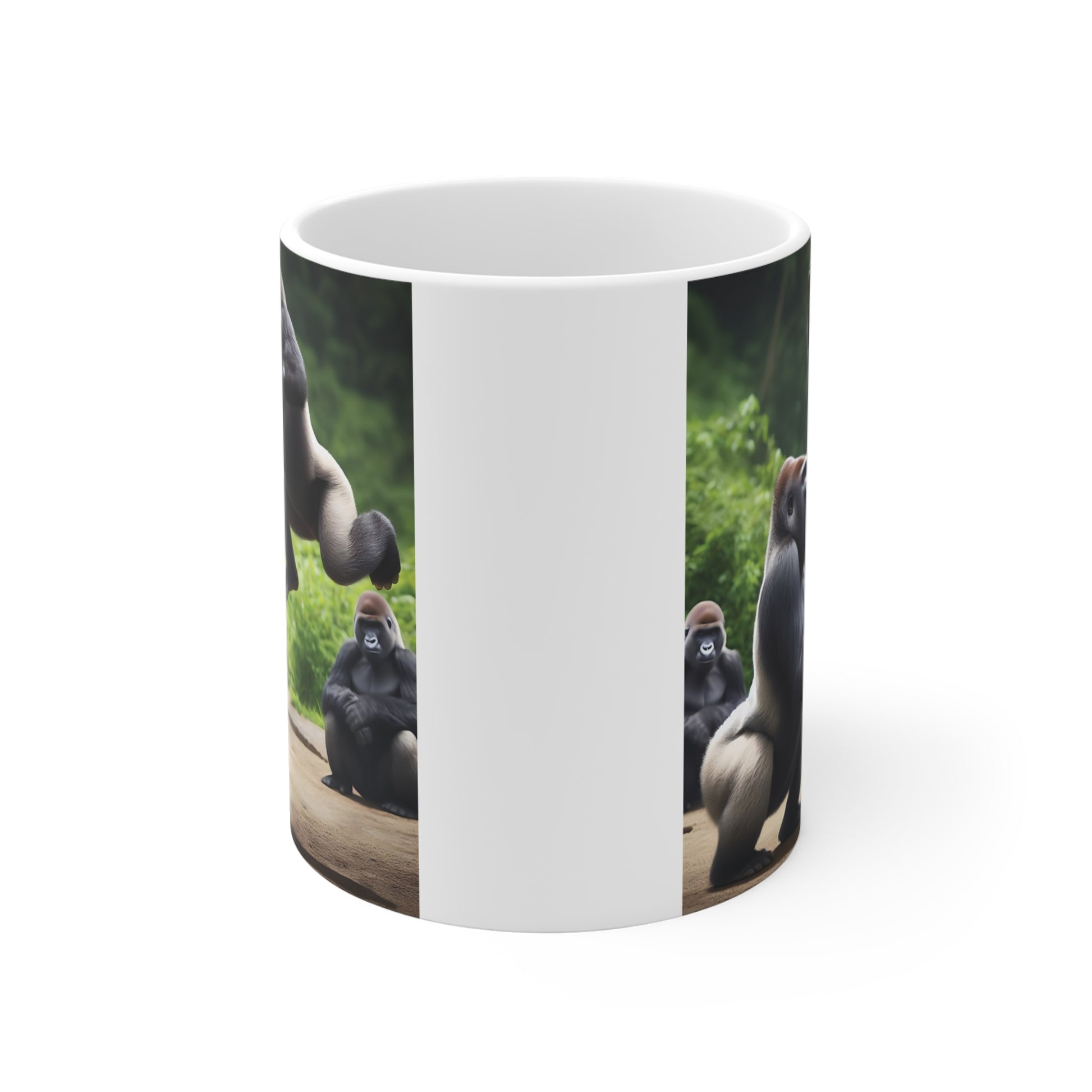 White ceramic mug with realistic gorilla illustration showing energetic primates in action, ideal for wildlife fans and safari-themed kitchen decor.