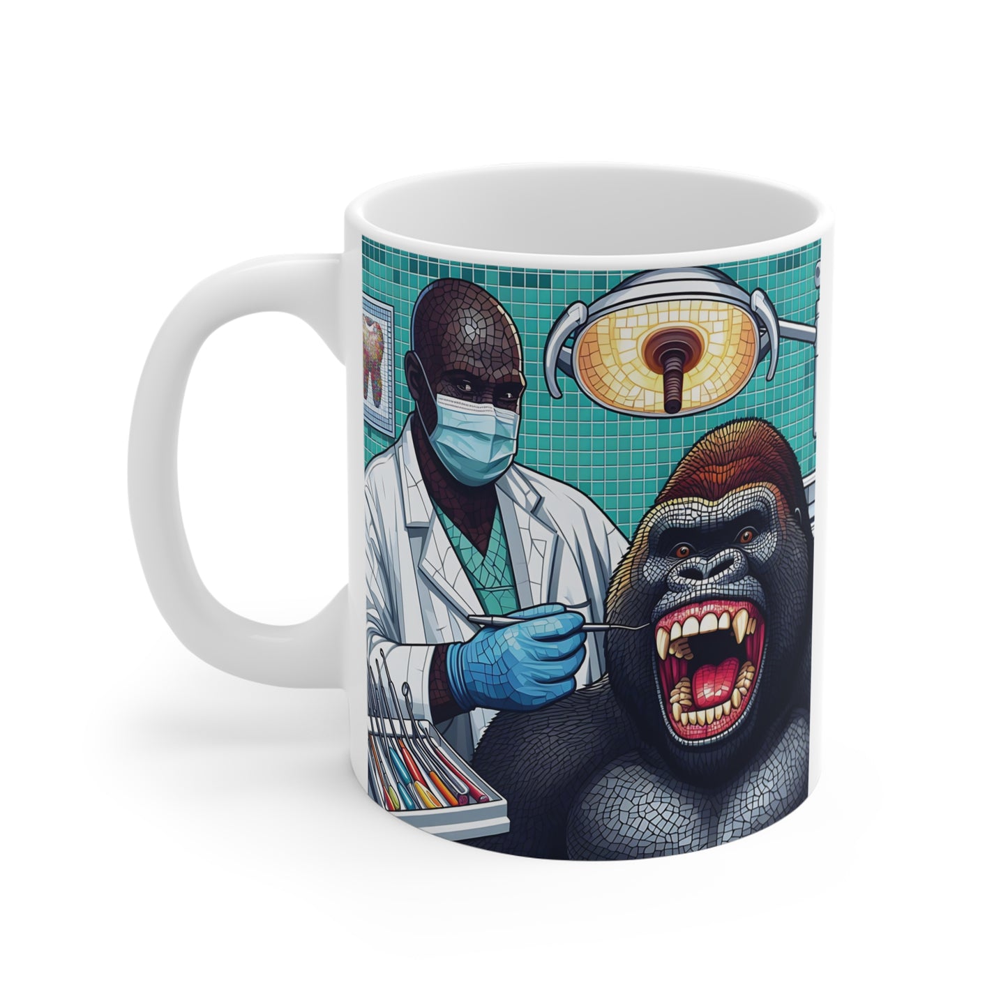 Cartoon-style dentist and gorilla illustration on a coffee mug with dental tools and clinic background