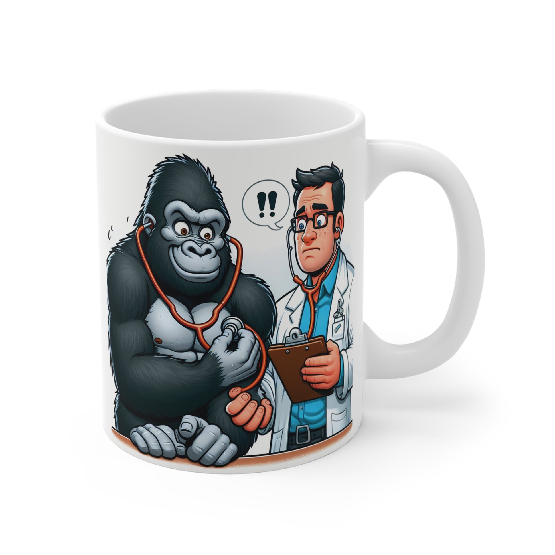 Funny gorilla patient mug featuring a cartoon doctor checking a muscular gorilla with a stethoscope on a white ceramic coffee mug.