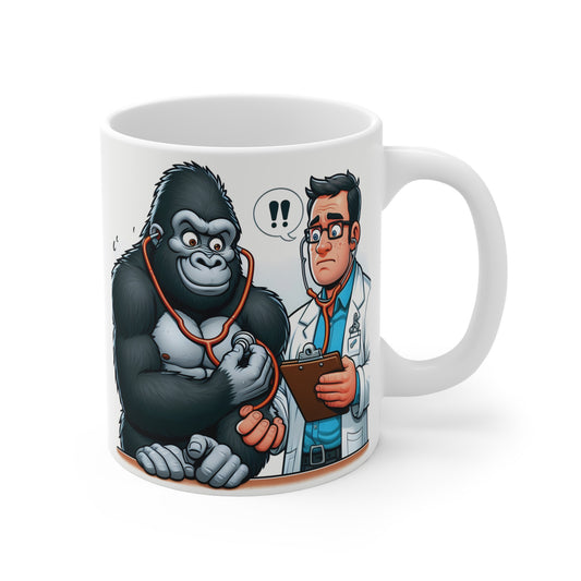 Funny gorilla patient mug featuring a cartoon doctor checking a muscular gorilla with a stethoscope on a white ceramic coffee mug.