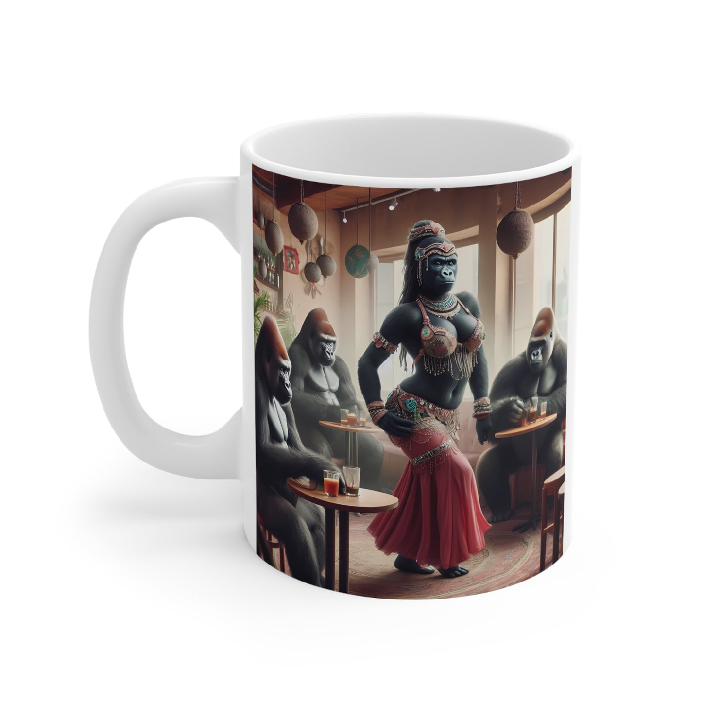 Exotic gorilla belly dancing mug with detailed boho costume, warm café interior, and whimsical animal art perfect for coffee and tea fans.